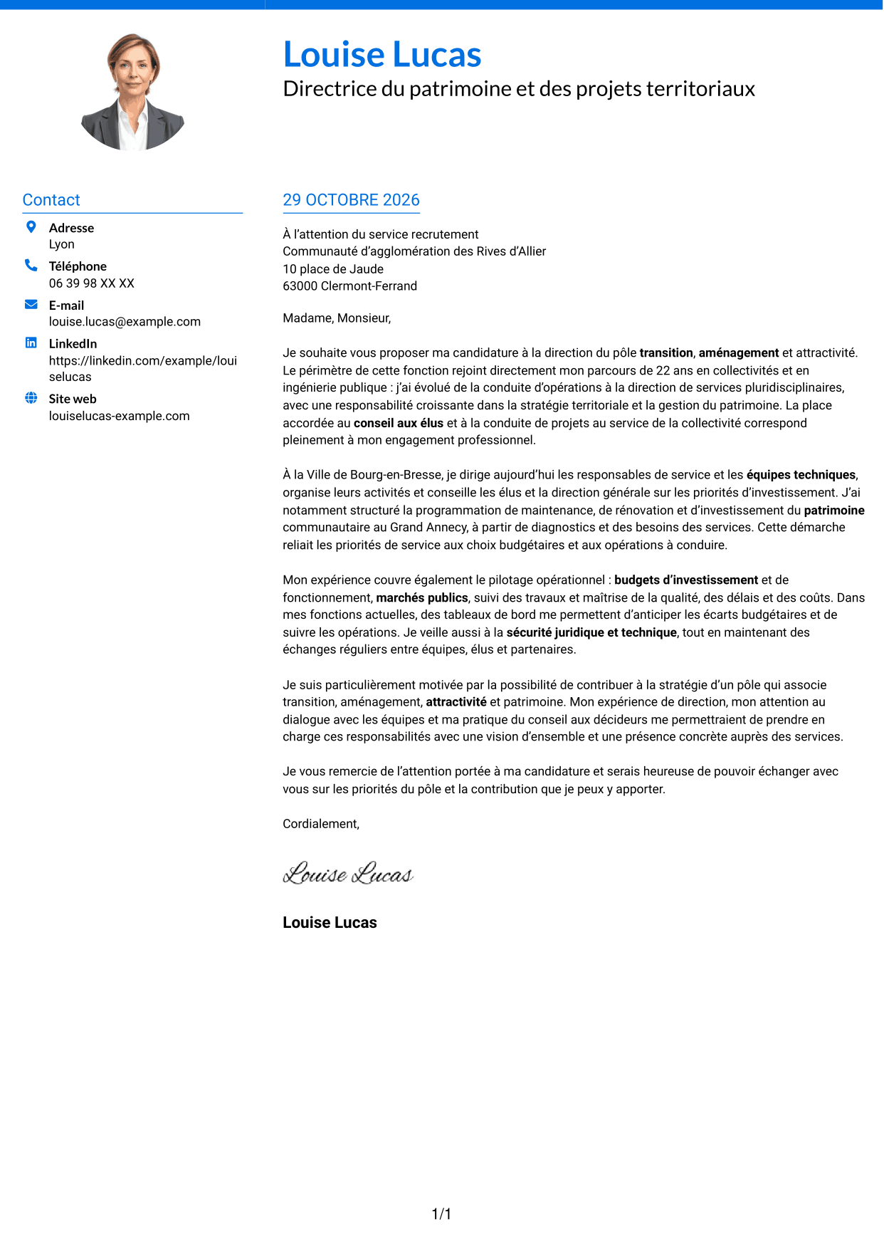 Lettre de motivation Audacieux (format à deux colonnes avec accents colorés et photo) : Directeur ou directrice du pôle transition, aménagement et attractivité, page 1