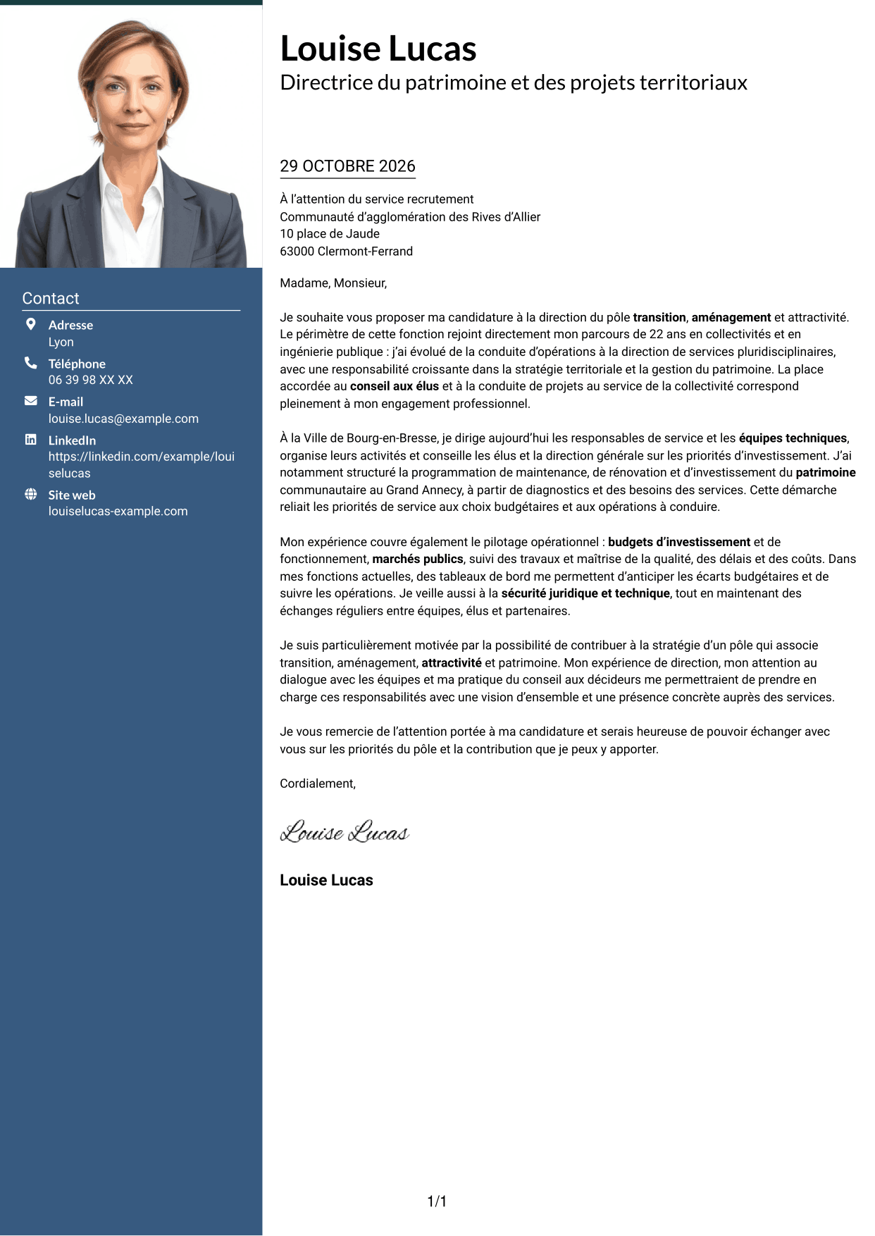 Lettre de motivation Signature (format à colonne latérale colorée avec grande photo) : Directeur ou directrice du pôle transition, aménagement et attractivité, page 1