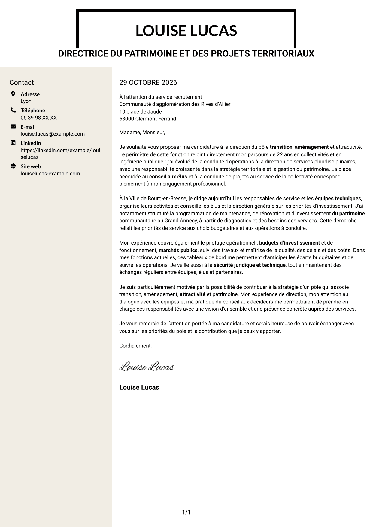 Lettre de motivation Fonceur (format à deux colonnes avec en-tête centré sans photo) : Directeur ou directrice du pôle transition, aménagement et attractivité, page 1