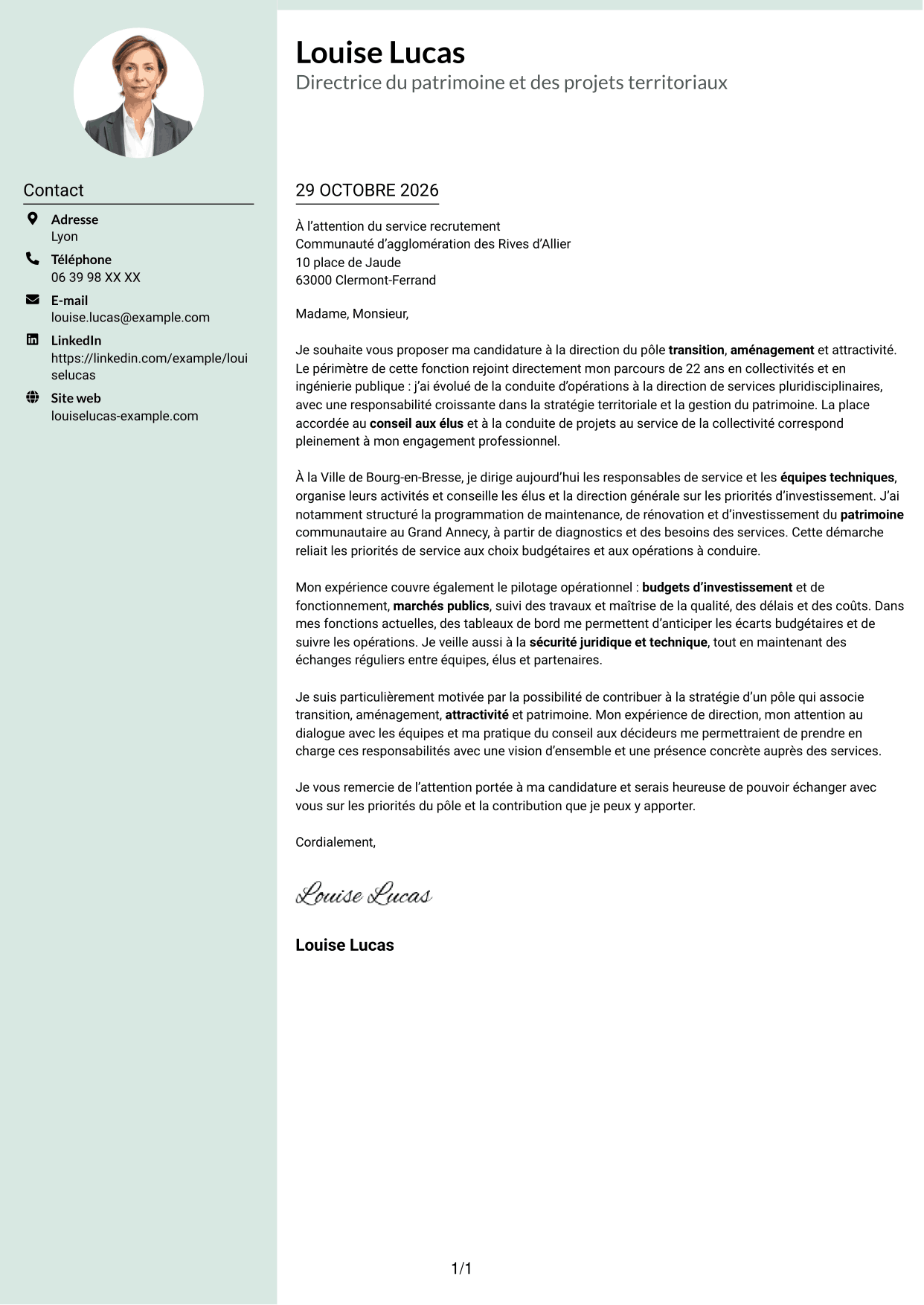 Lettre de motivation Cadre (format à colonne latérale douce avec photo arrondie) : Directeur ou directrice du pôle transition, aménagement et attractivité, page 1
