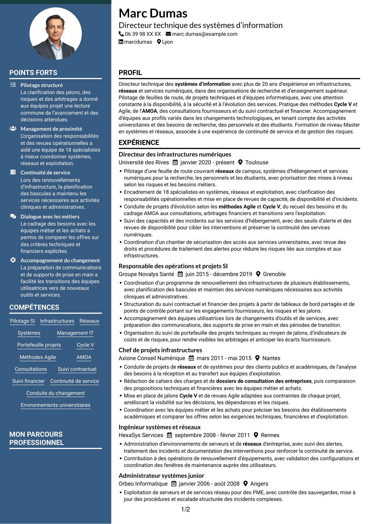 CV Élégant (format à colonne latérale colorée avec photo) : Directeur technique SI - Infrastructures, systèmes et réseaux, page 1