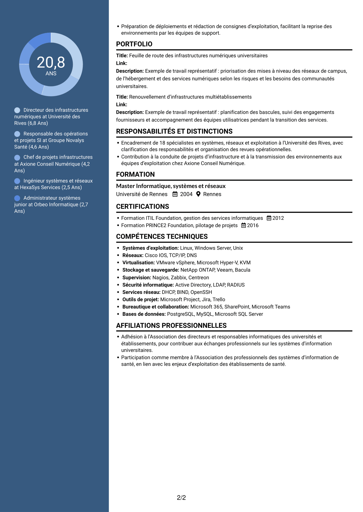 CV Élégant (format à colonne latérale colorée avec photo) : Directeur technique SI - Infrastructures, systèmes et réseaux, page 2