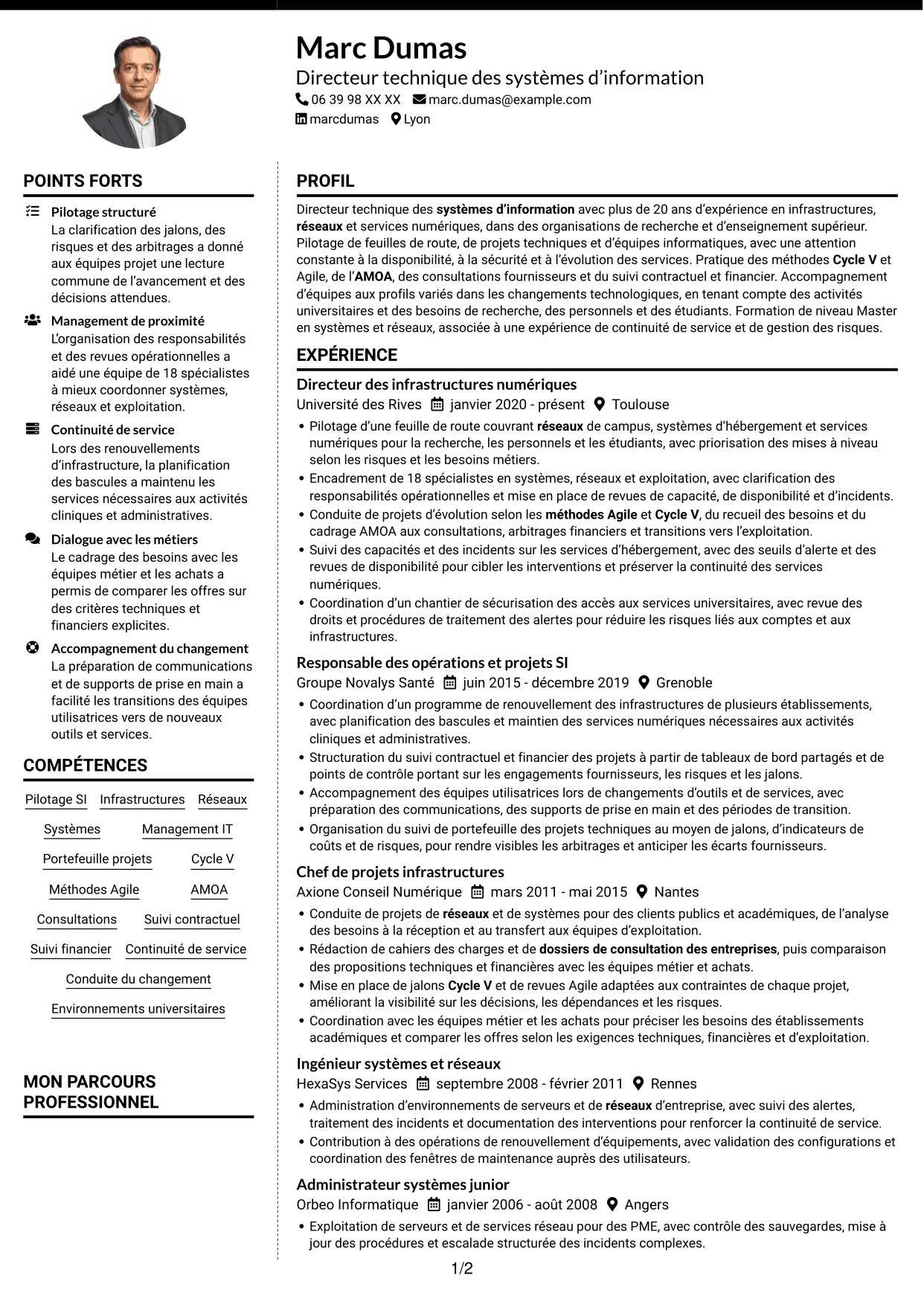 CV Moderne (format à deux colonnes avec photo à gauche et séparateur) : Directeur technique SI - Infrastructures, systèmes et réseaux, page 1