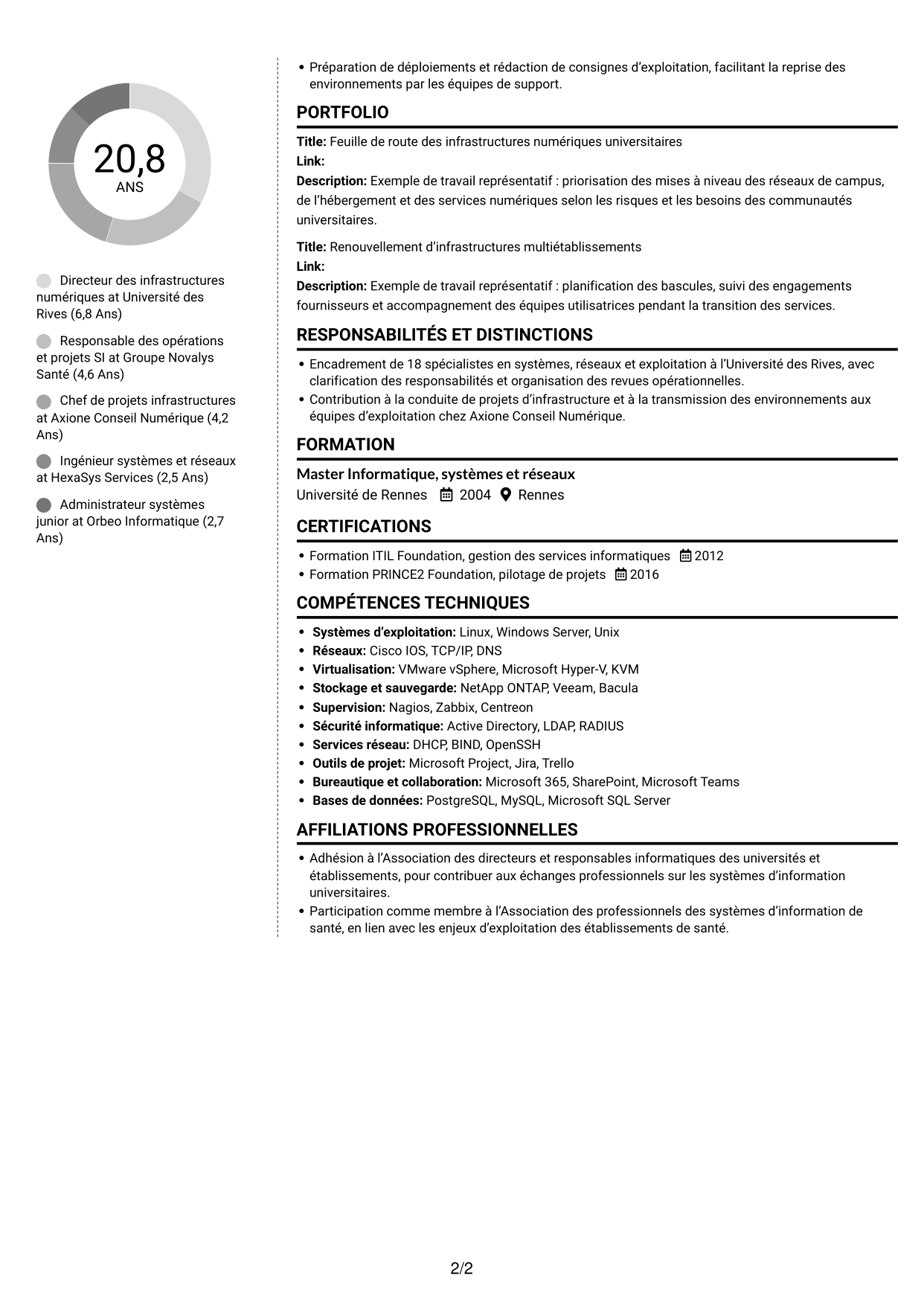 CV Moderne (format à deux colonnes avec photo à gauche et séparateur) : Directeur technique SI - Infrastructures, systèmes et réseaux, page 2
