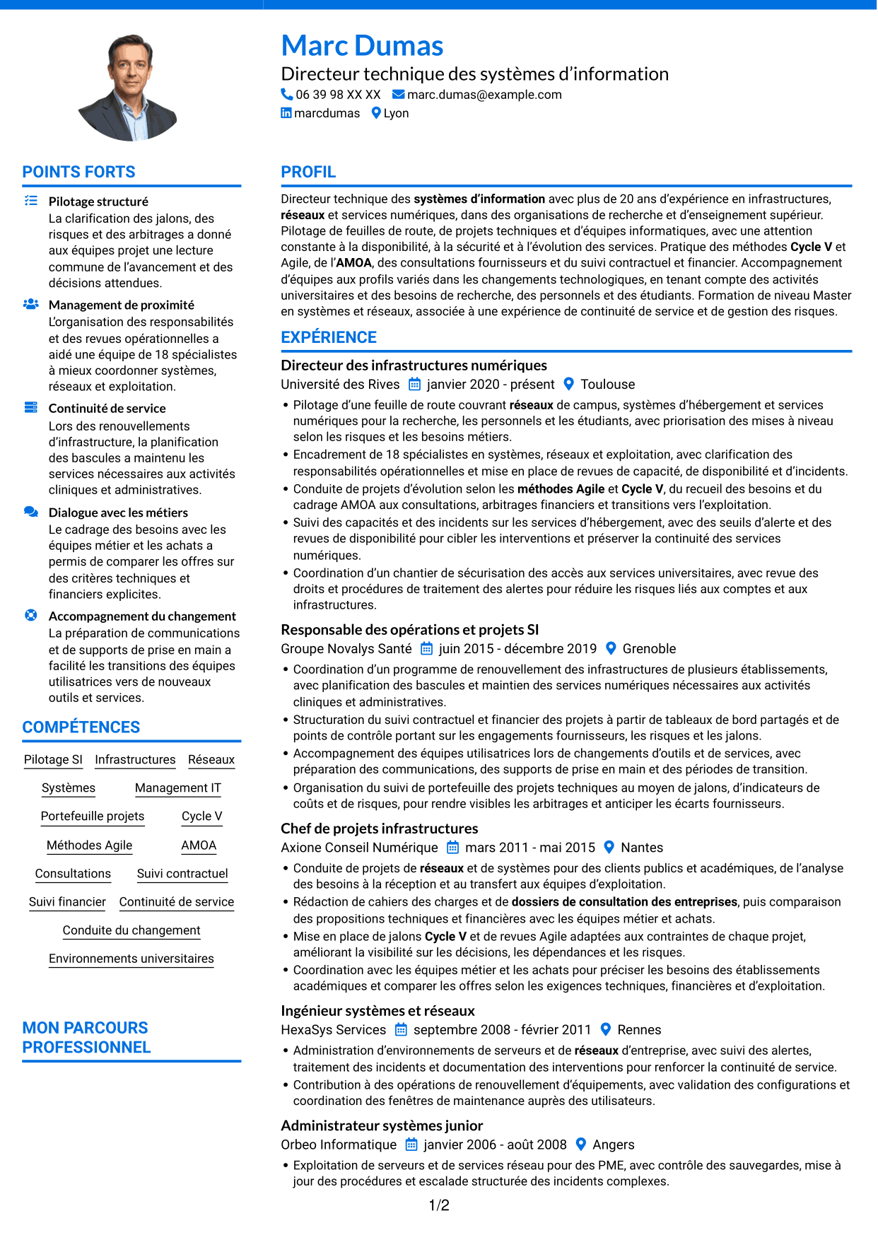 CV Audacieux (format à deux colonnes avec accents colorés et photo) : Directeur technique SI - Infrastructures, systèmes et réseaux, page 1