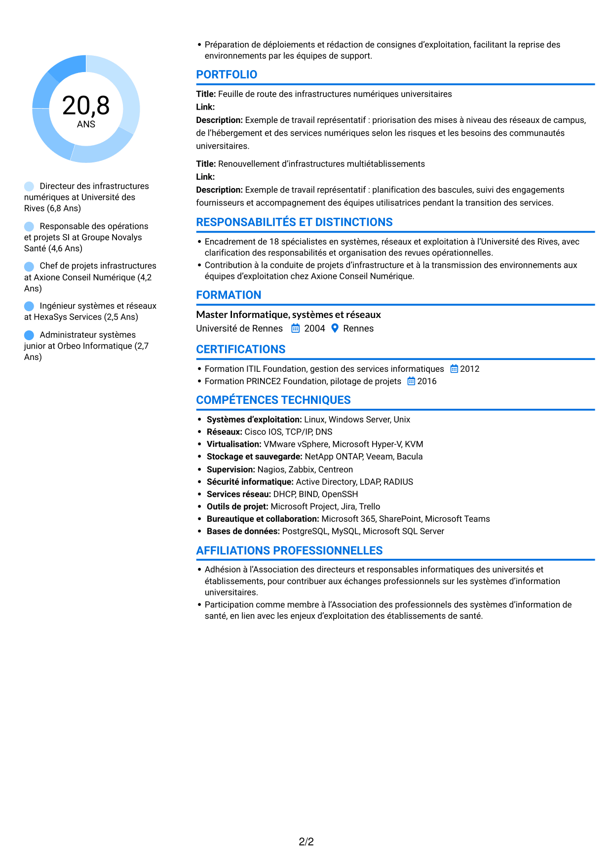 CV Audacieux (format à deux colonnes avec accents colorés et photo) : Directeur technique SI - Infrastructures, systèmes et réseaux, page 2