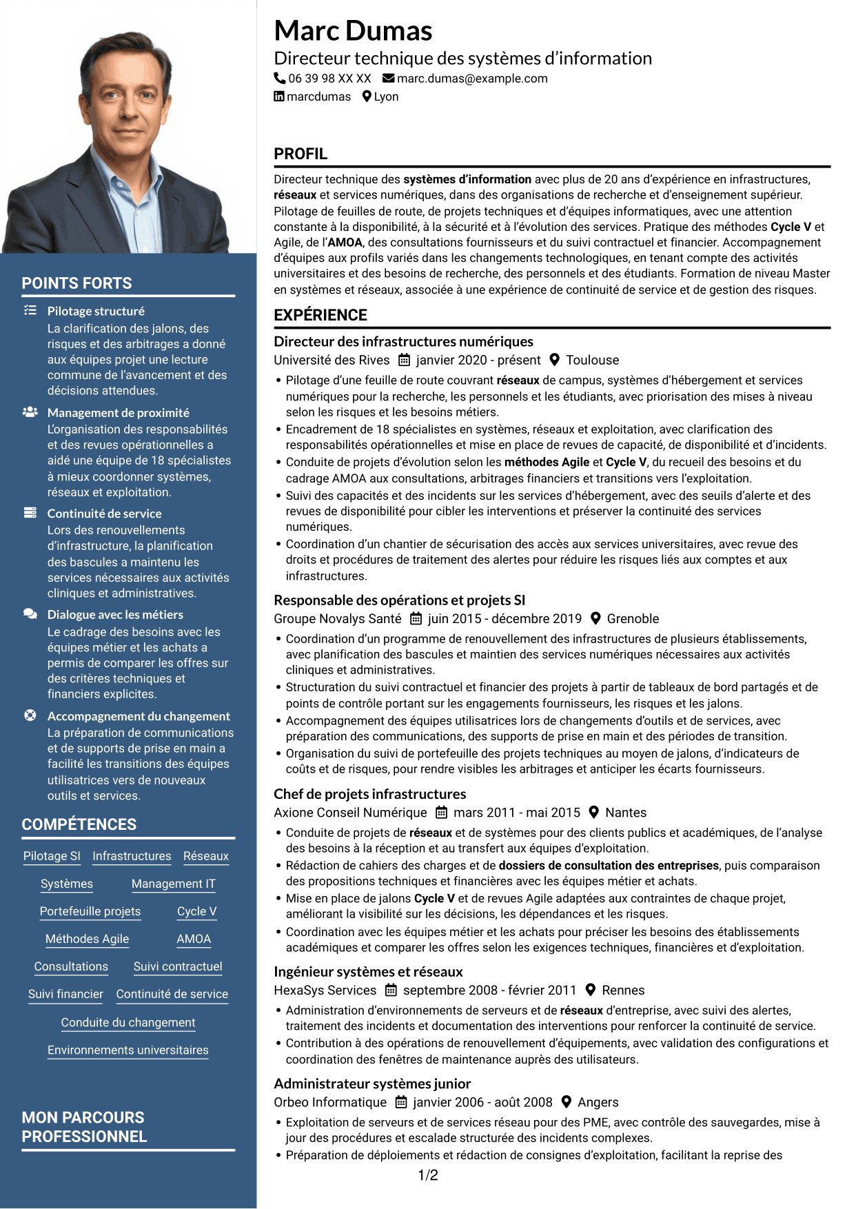 CV Signature (format à colonne latérale colorée avec grande photo) : Directeur technique SI - Infrastructures, systèmes et réseaux, page 1