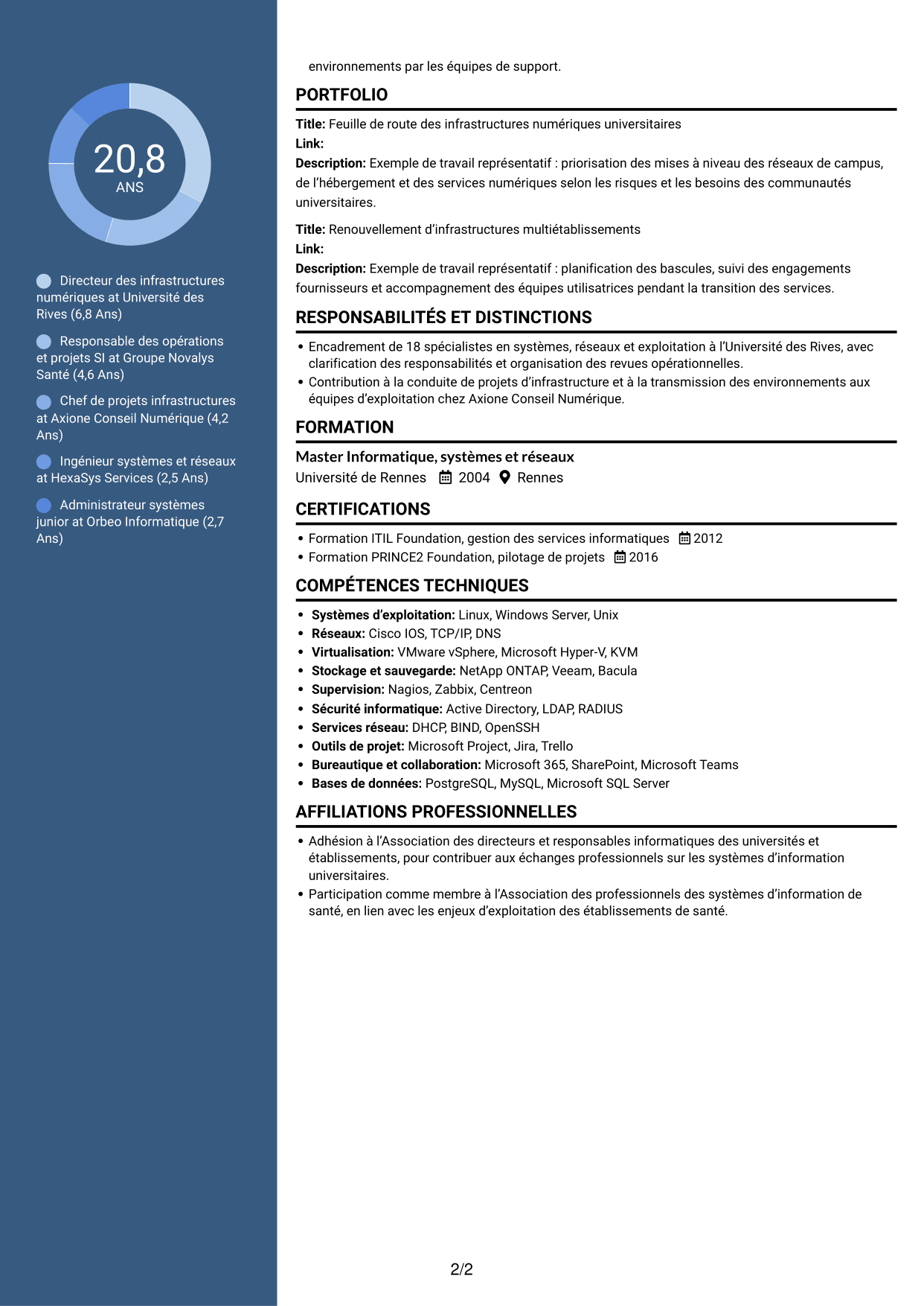 CV Signature (format à colonne latérale colorée avec grande photo) : Directeur technique SI - Infrastructures, systèmes et réseaux, page 2