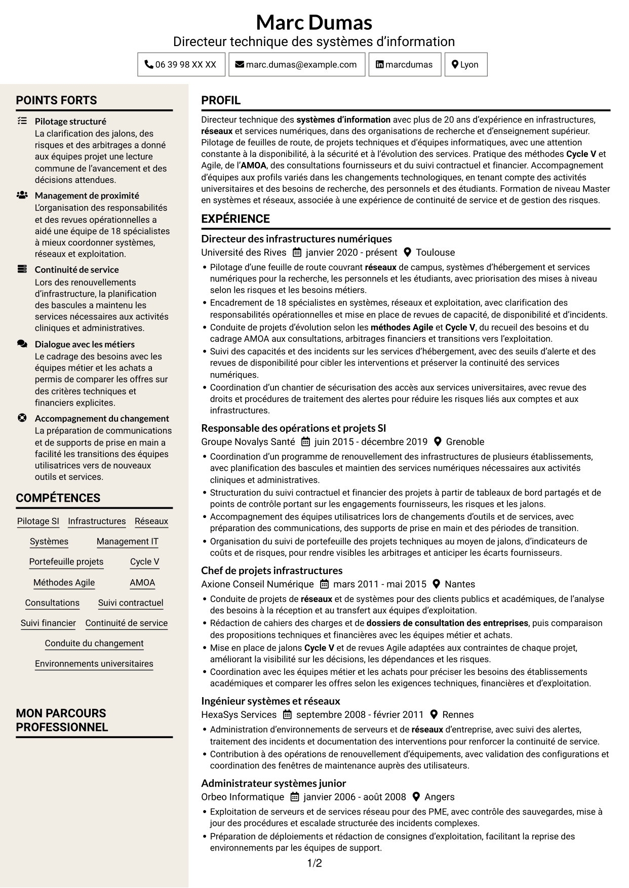 CV Fonceur (format à deux colonnes avec en-tête centré sans photo) : Directeur technique SI - Infrastructures, systèmes et réseaux, page 1