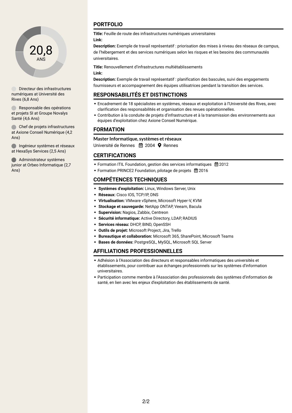 CV Fonceur (format à deux colonnes avec en-tête centré sans photo) : Directeur technique SI - Infrastructures, systèmes et réseaux, page 2
