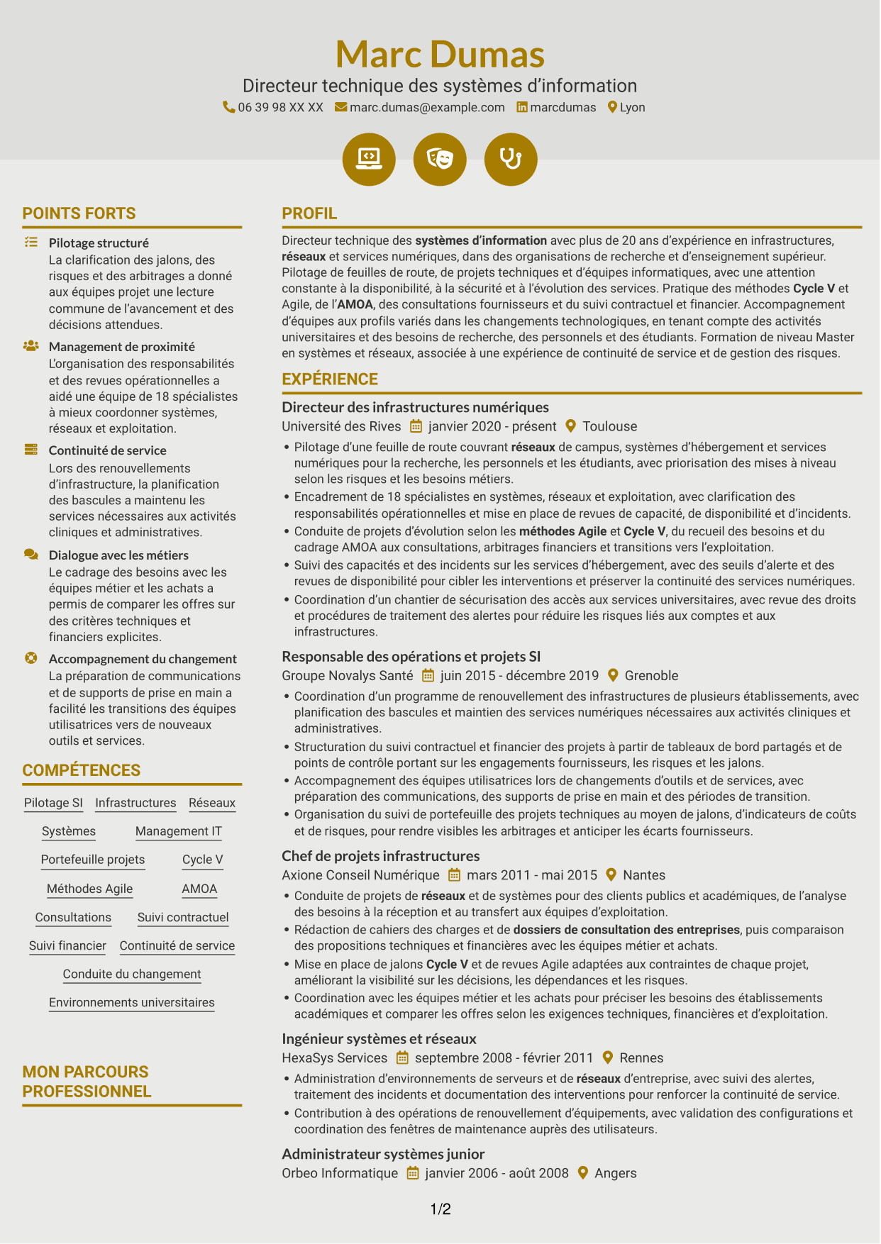 CV Dynamique (format à deux colonnes avec icônes) : Directeur technique SI - Infrastructures, systèmes et réseaux, page 1