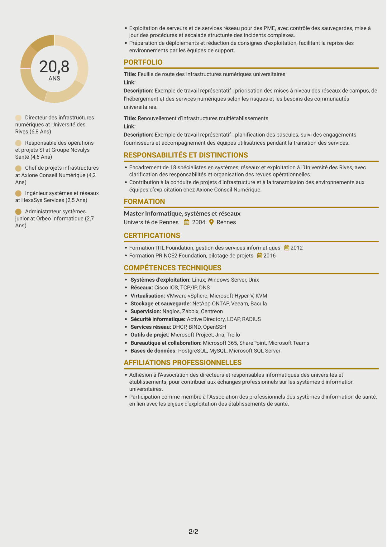 CV Dynamique (format à deux colonnes avec icônes) : Directeur technique SI - Infrastructures, systèmes et réseaux, page 2