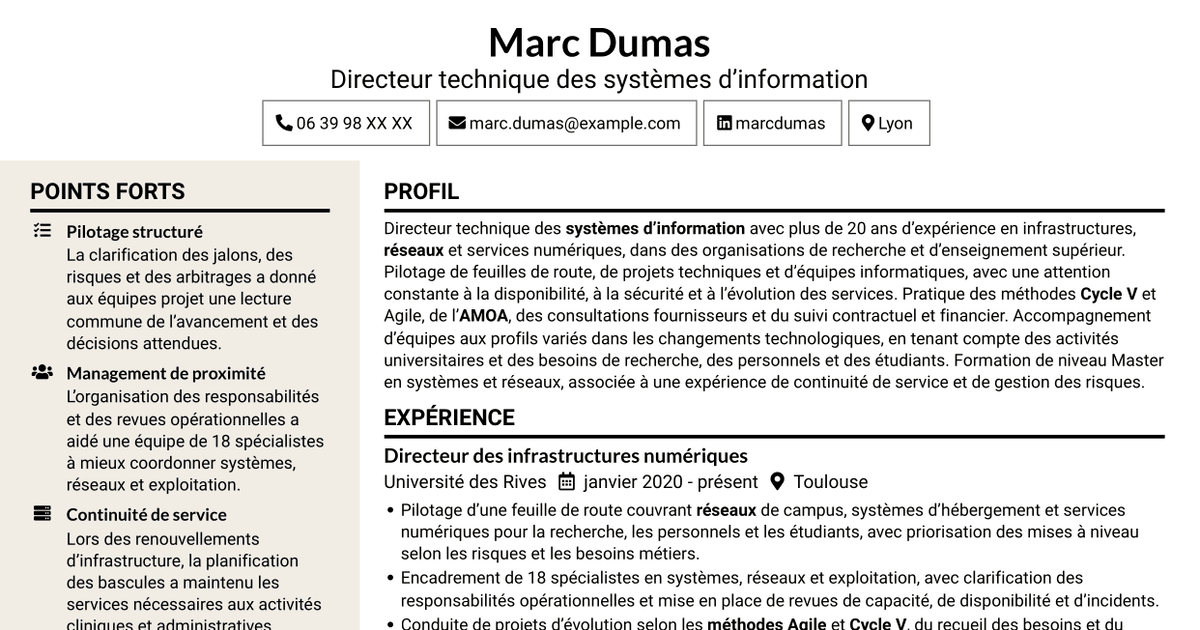 7 modèles de CV pour Directeur technique SI - Infrastructures, systèmes et réseaux, avec exemples