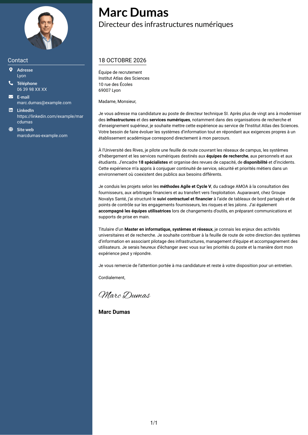 Lettre de motivation Élégant (format à colonne latérale colorée avec photo) : Directeur technique SI - Infrastructures, systèmes et réseaux, page 1