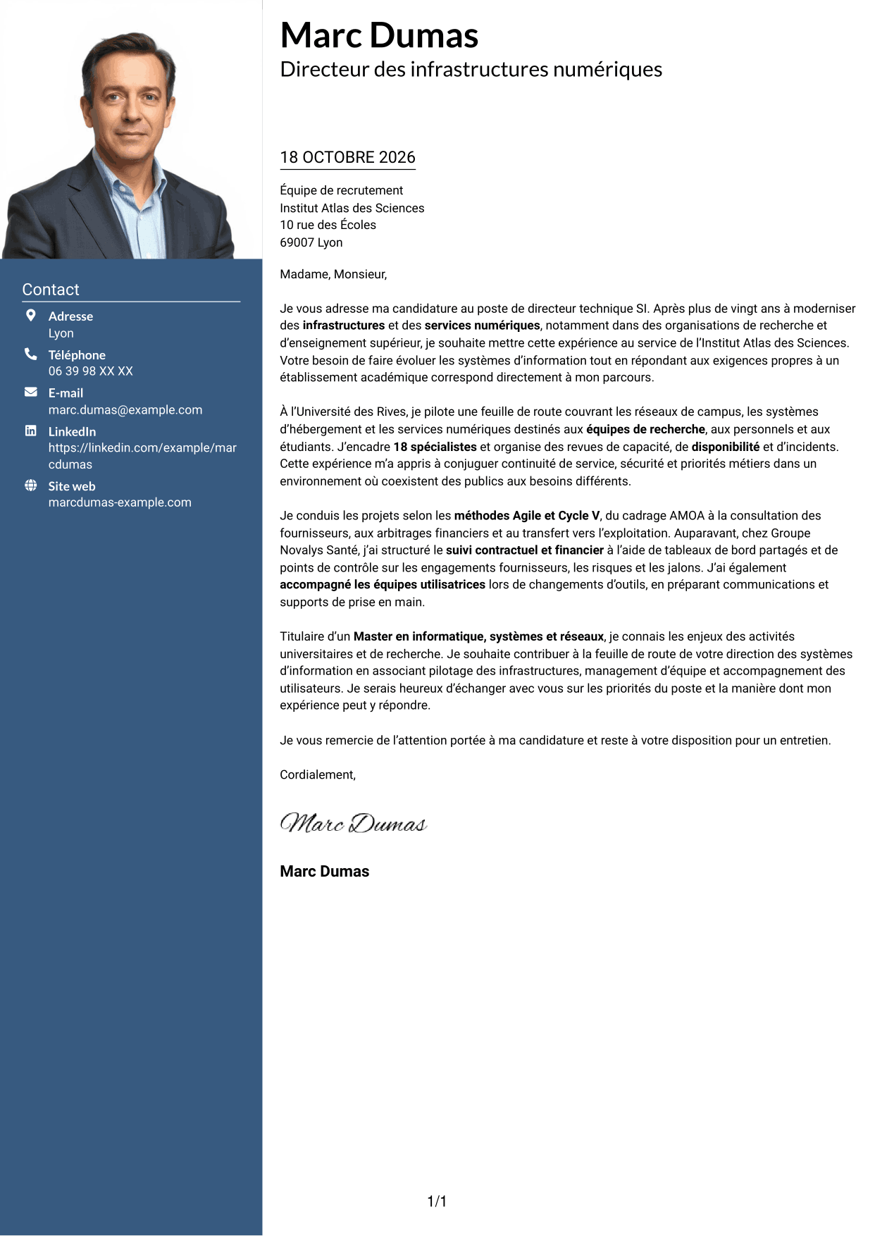 Lettre de motivation Signature (format à colonne latérale colorée avec grande photo) : Directeur technique SI - Infrastructures, systèmes et réseaux, page 1