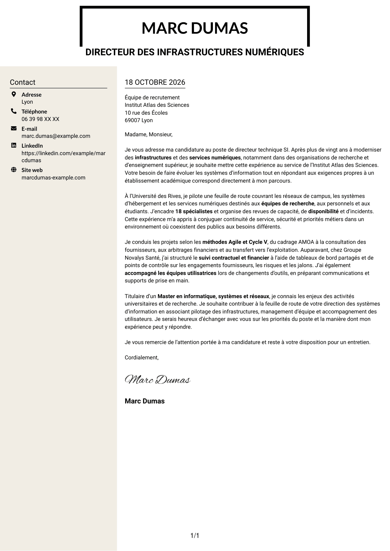 Lettre de motivation Fonceur (format à deux colonnes avec en-tête centré sans photo) : Directeur technique SI - Infrastructures, systèmes et réseaux, page 1