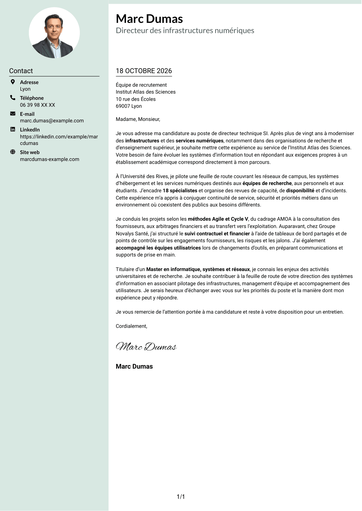 Lettre de motivation Cadre (format à colonne latérale douce avec photo arrondie) : Directeur technique SI - Infrastructures, systèmes et réseaux, page 1
