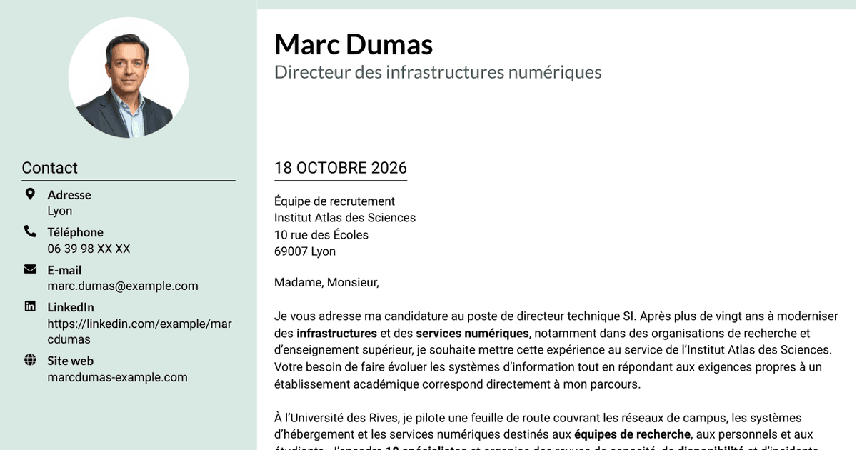 7 modèles de lettre de motivation pour Directeur technique SI - Infrastructures, systèmes et réseaux, avec exemples