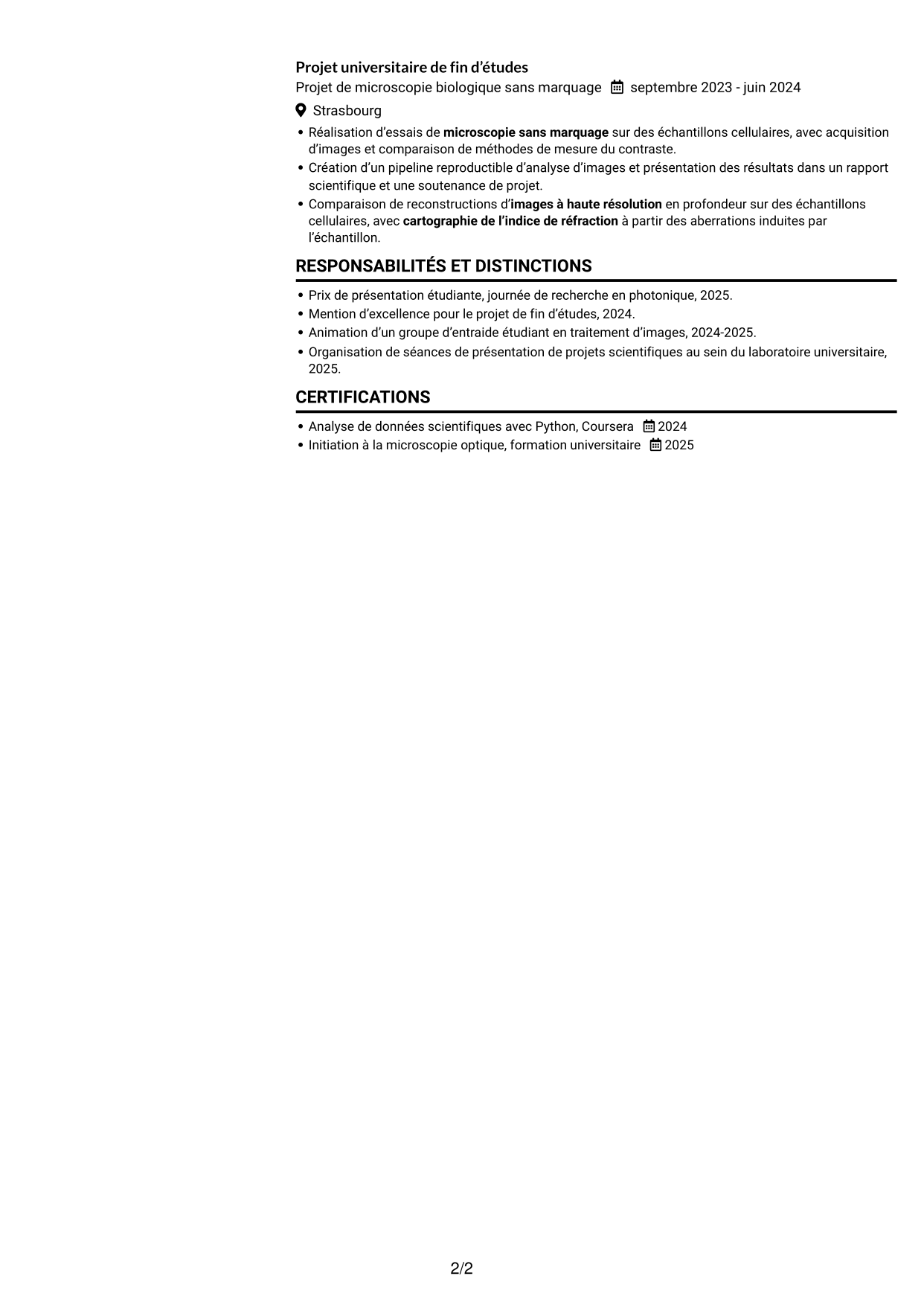 CV Compact (format sobre à deux colonnes avec photo) : Doctorant en imagerie matricielle quantitative des ovocytes et embryons, page 2