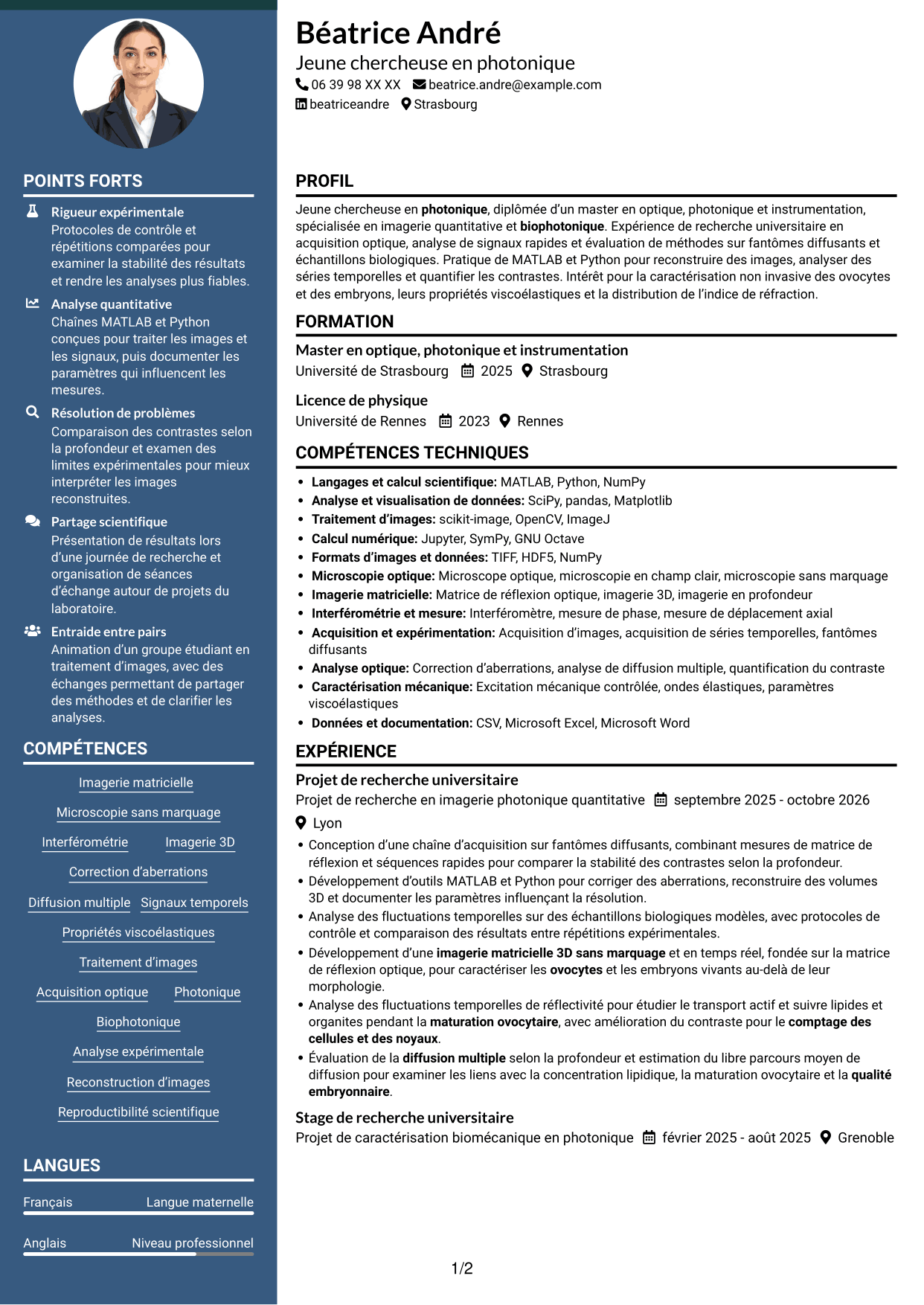 CV Élégant (format à colonne latérale colorée avec photo) : Doctorant en imagerie matricielle quantitative des ovocytes et embryons, page 1