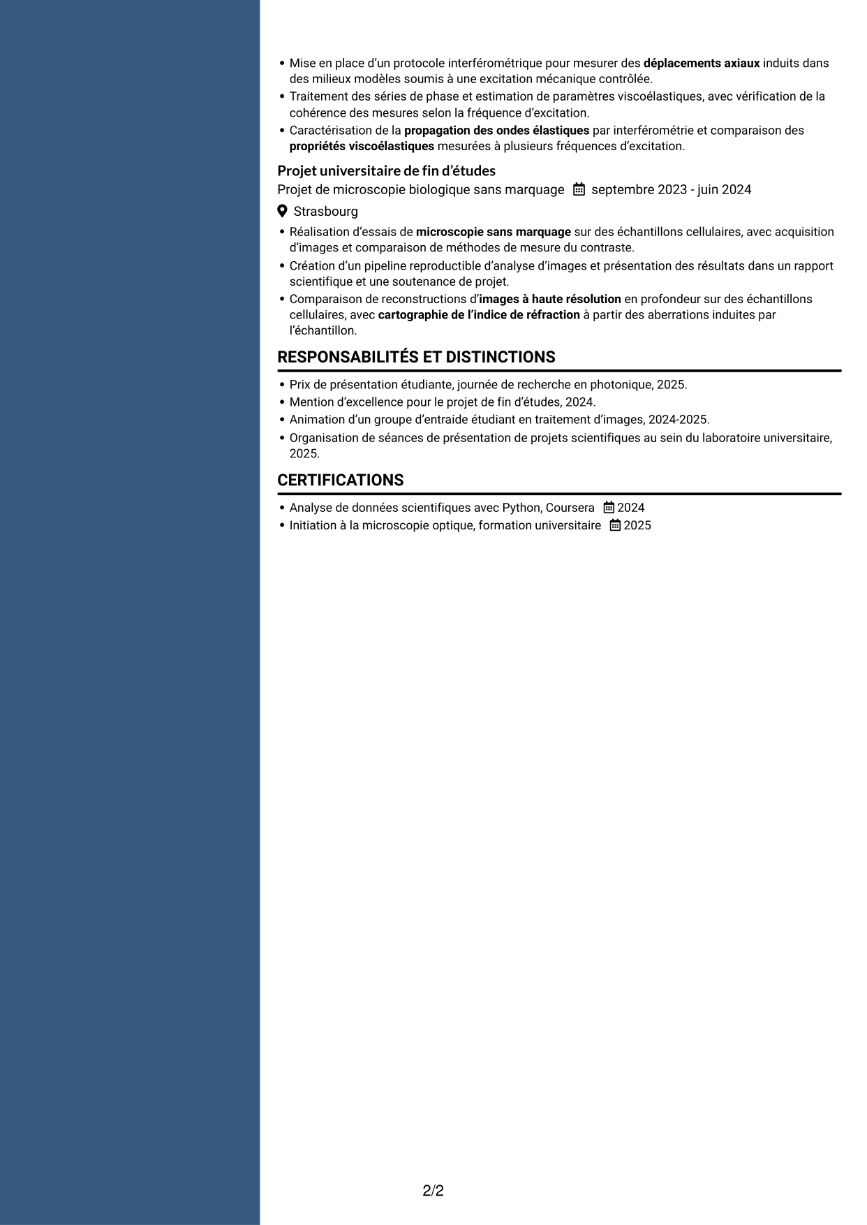 CV Élégant (format à colonne latérale colorée avec photo) : Doctorant en imagerie matricielle quantitative des ovocytes et embryons, page 2
