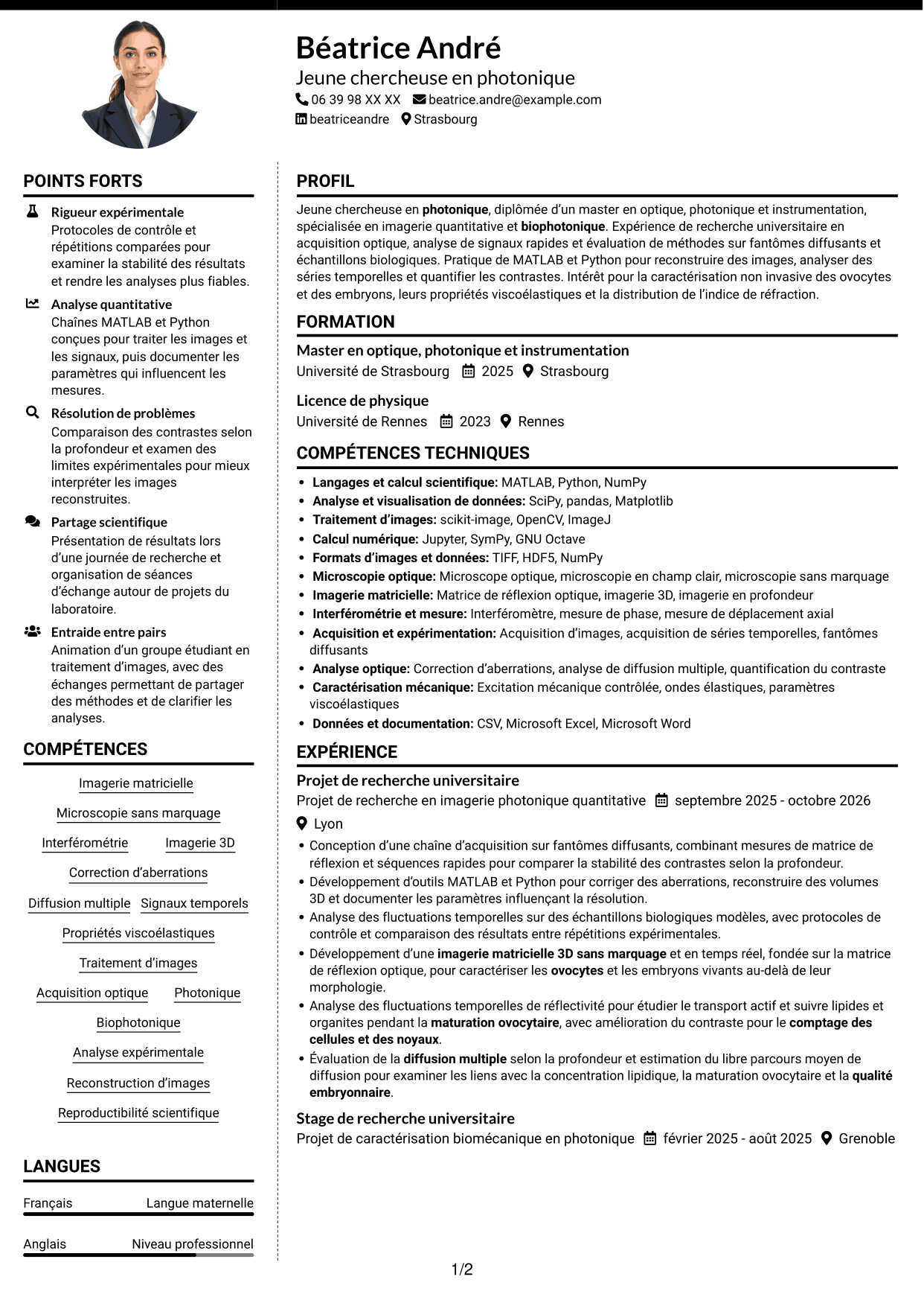 CV Moderne (format à deux colonnes avec photo à gauche et séparateur) : Doctorant en imagerie matricielle quantitative des ovocytes et embryons, page 1