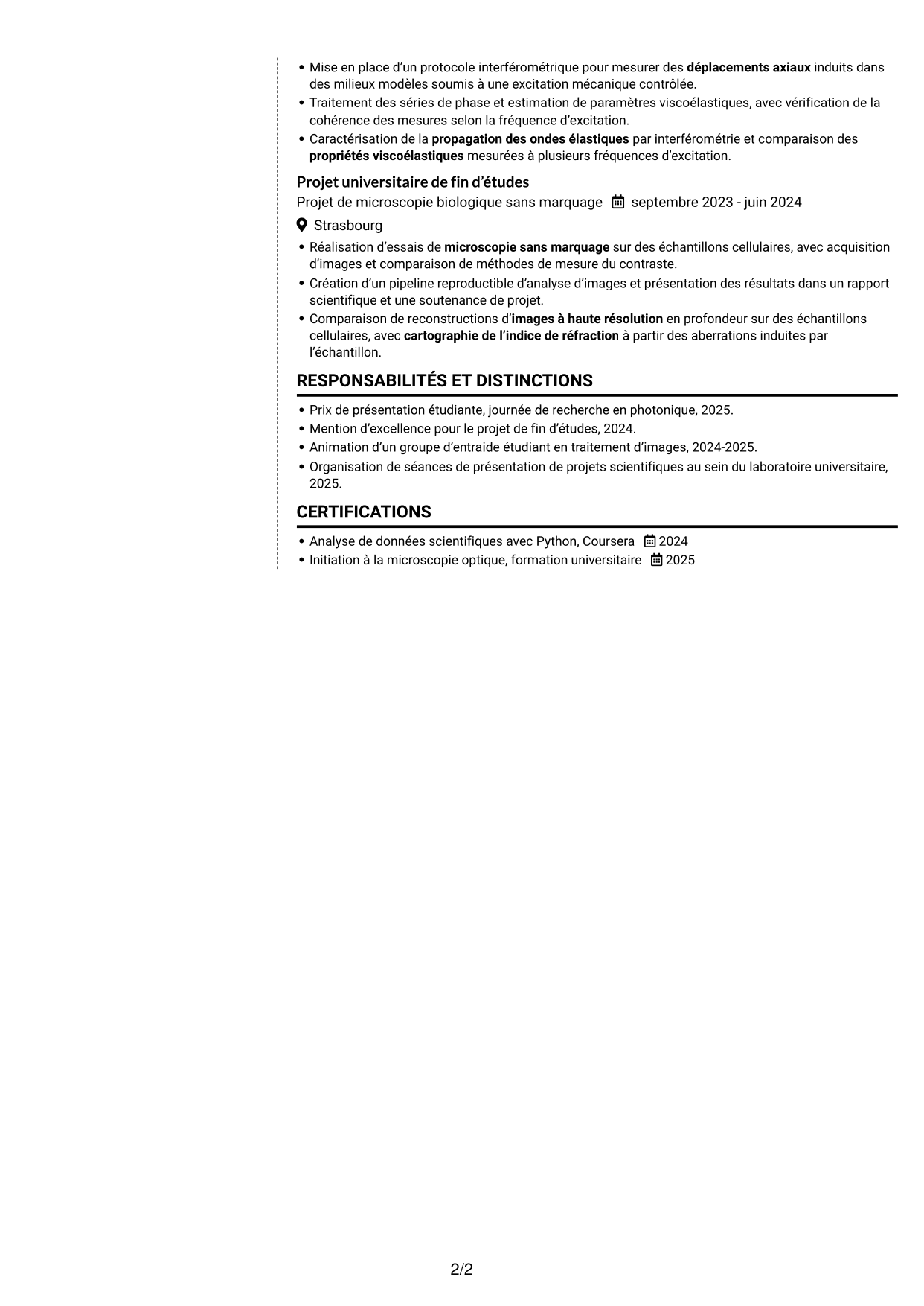 CV Moderne (format à deux colonnes avec photo à gauche et séparateur) : Doctorant en imagerie matricielle quantitative des ovocytes et embryons, page 2