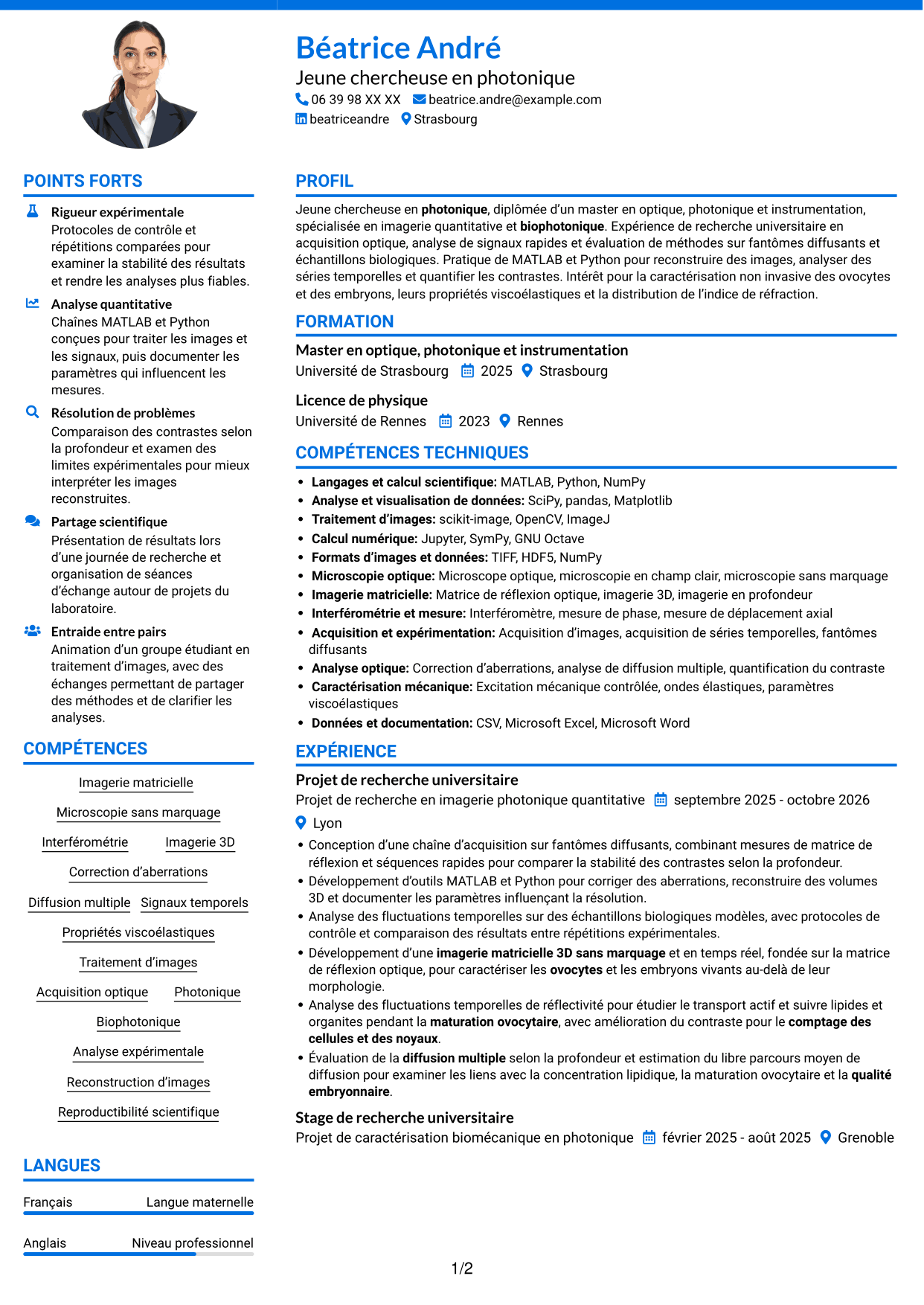 CV Audacieux (format à deux colonnes avec accents colorés et photo) : Doctorant en imagerie matricielle quantitative des ovocytes et embryons, page 1