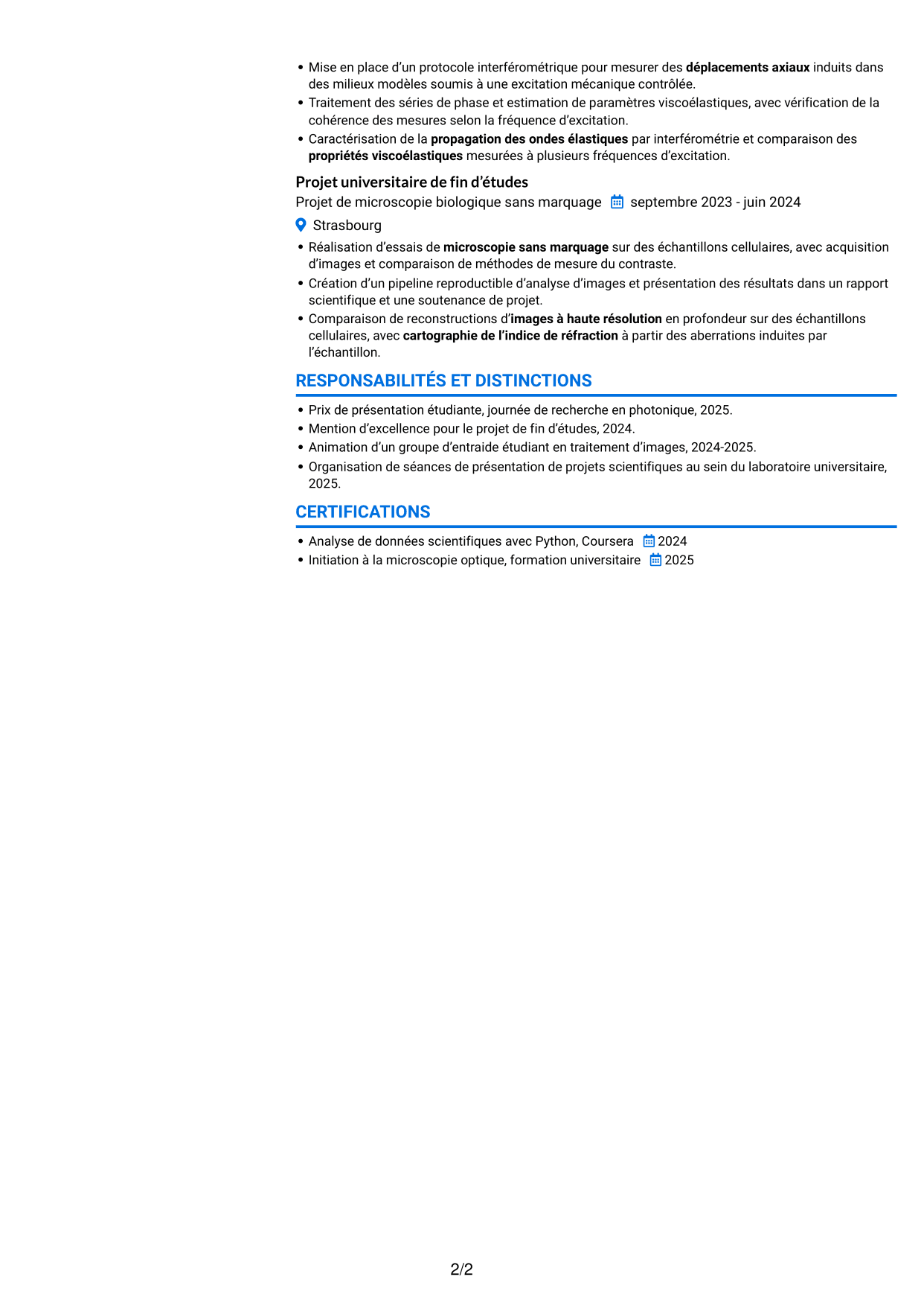 CV Audacieux (format à deux colonnes avec accents colorés et photo) : Doctorant en imagerie matricielle quantitative des ovocytes et embryons, page 2