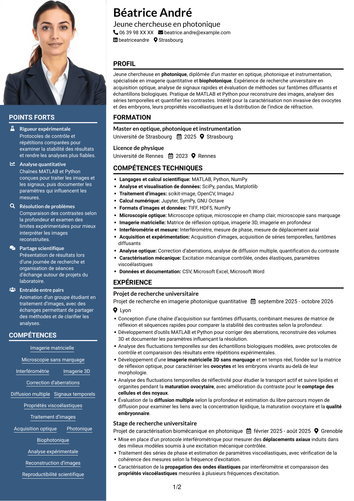 CV Signature (format à colonne latérale colorée avec grande photo) : Doctorant en imagerie matricielle quantitative des ovocytes et embryons, page 1
