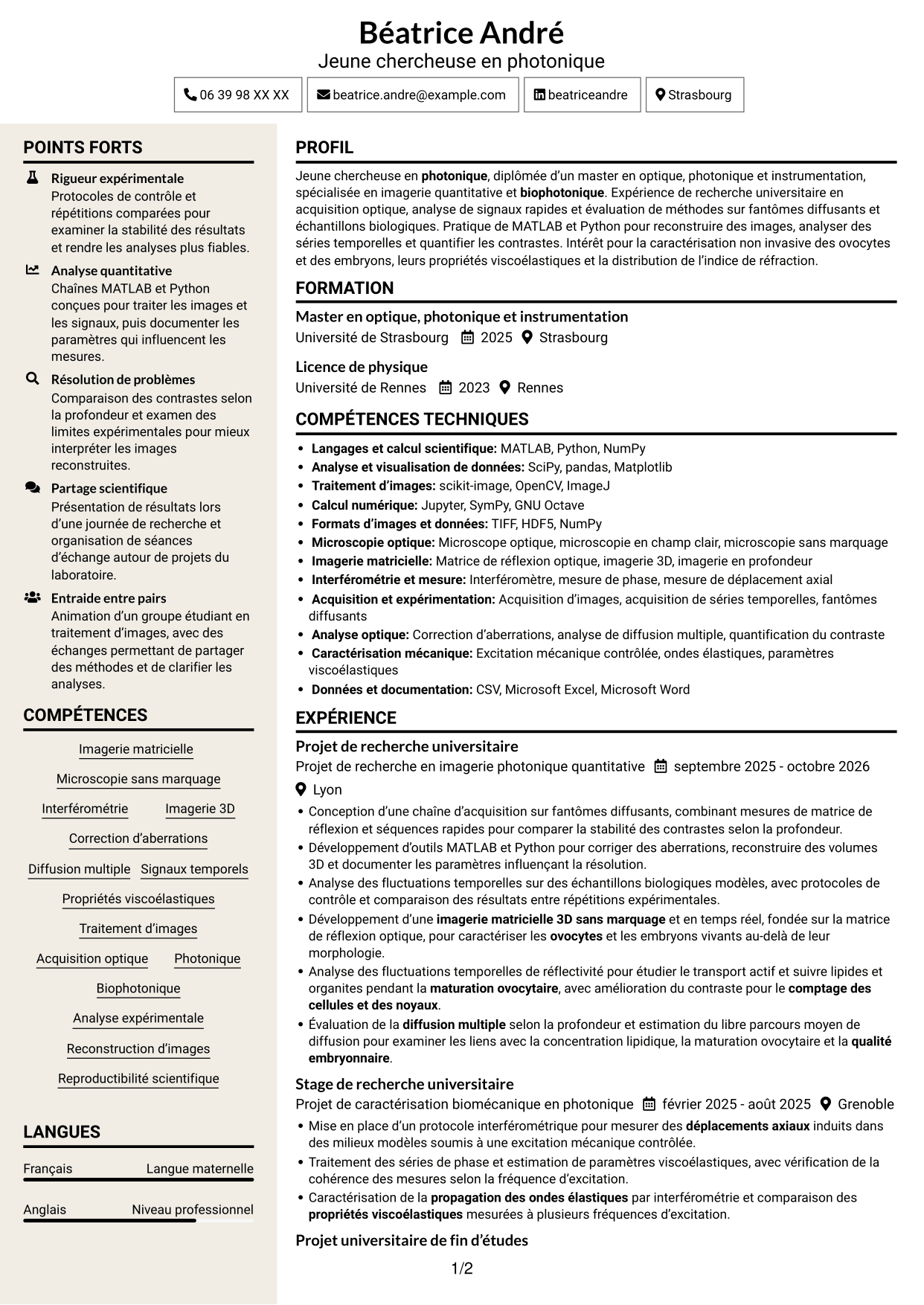 CV Fonceur (format à deux colonnes avec en-tête centré sans photo) : Doctorant en imagerie matricielle quantitative des ovocytes et embryons, page 1