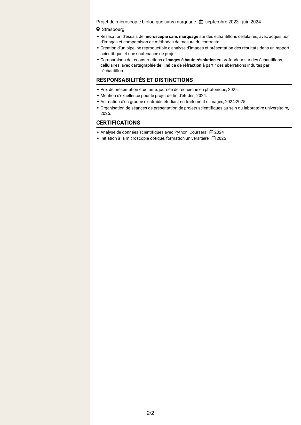 CV Fonceur (format à deux colonnes avec en-tête centré sans photo) : Doctorant en imagerie matricielle quantitative des ovocytes et embryons, page 2