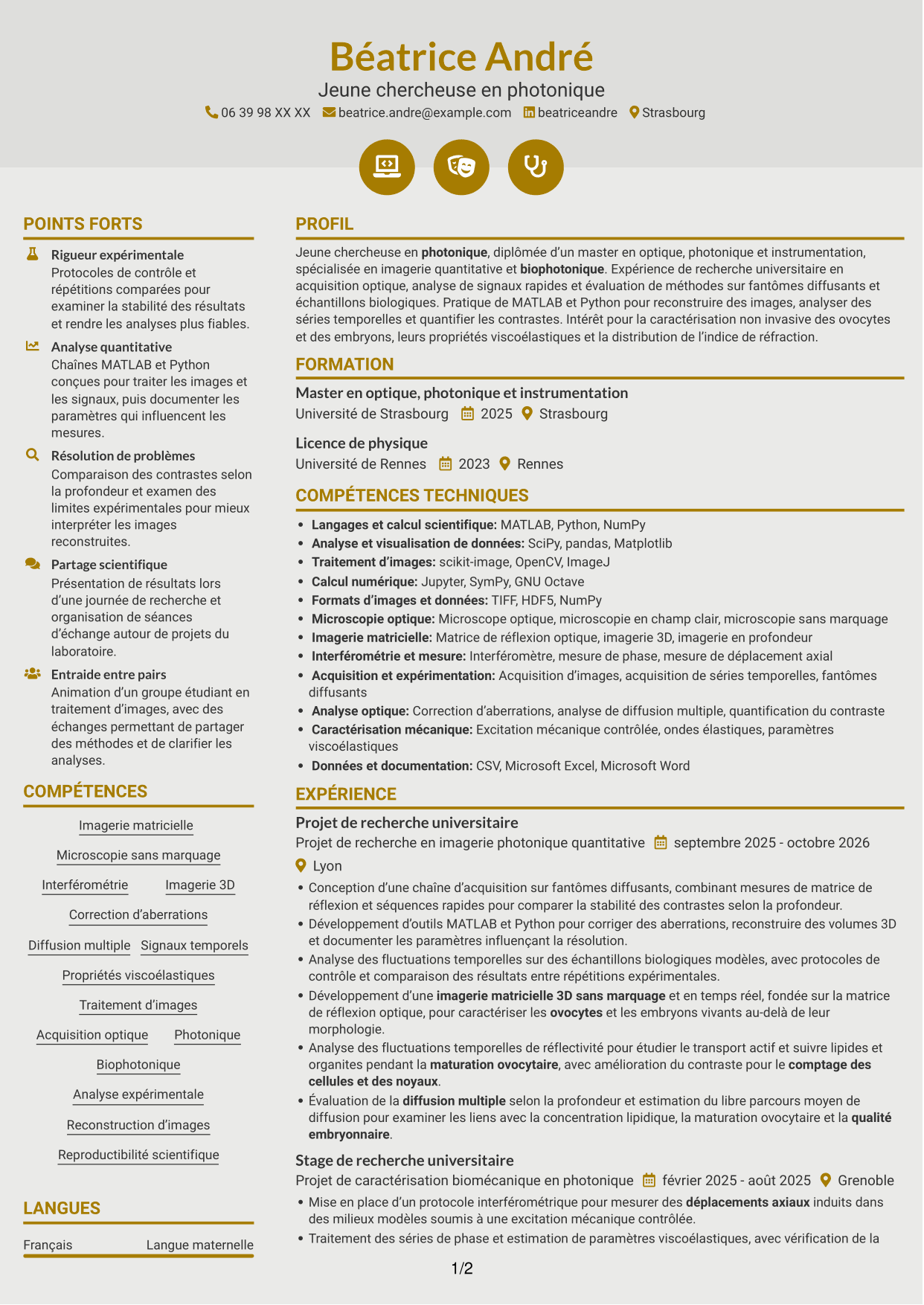 CV Dynamique (format à deux colonnes avec icônes) : Doctorant en imagerie matricielle quantitative des ovocytes et embryons, page 1
