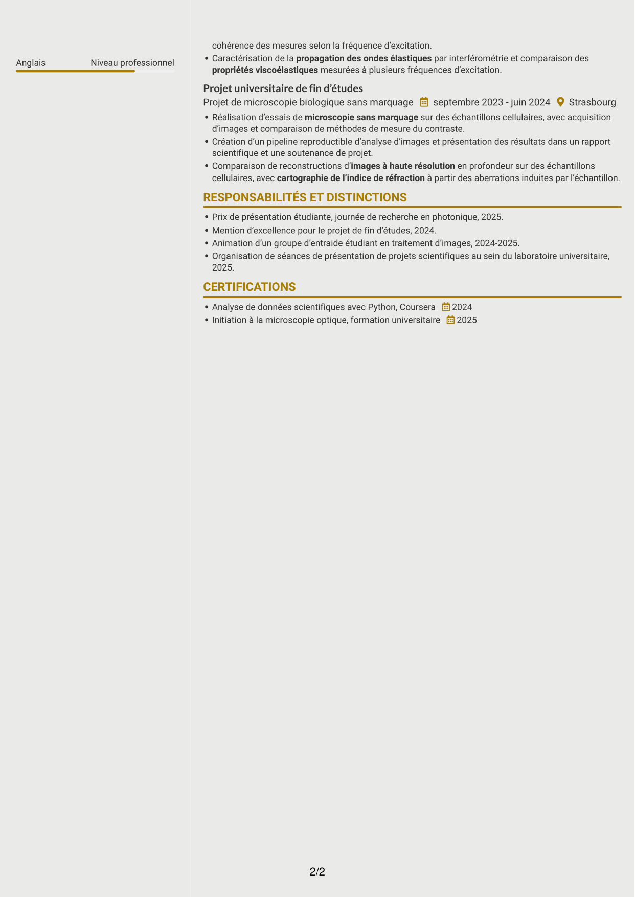 CV Dynamique (format à deux colonnes avec icônes) : Doctorant en imagerie matricielle quantitative des ovocytes et embryons, page 2