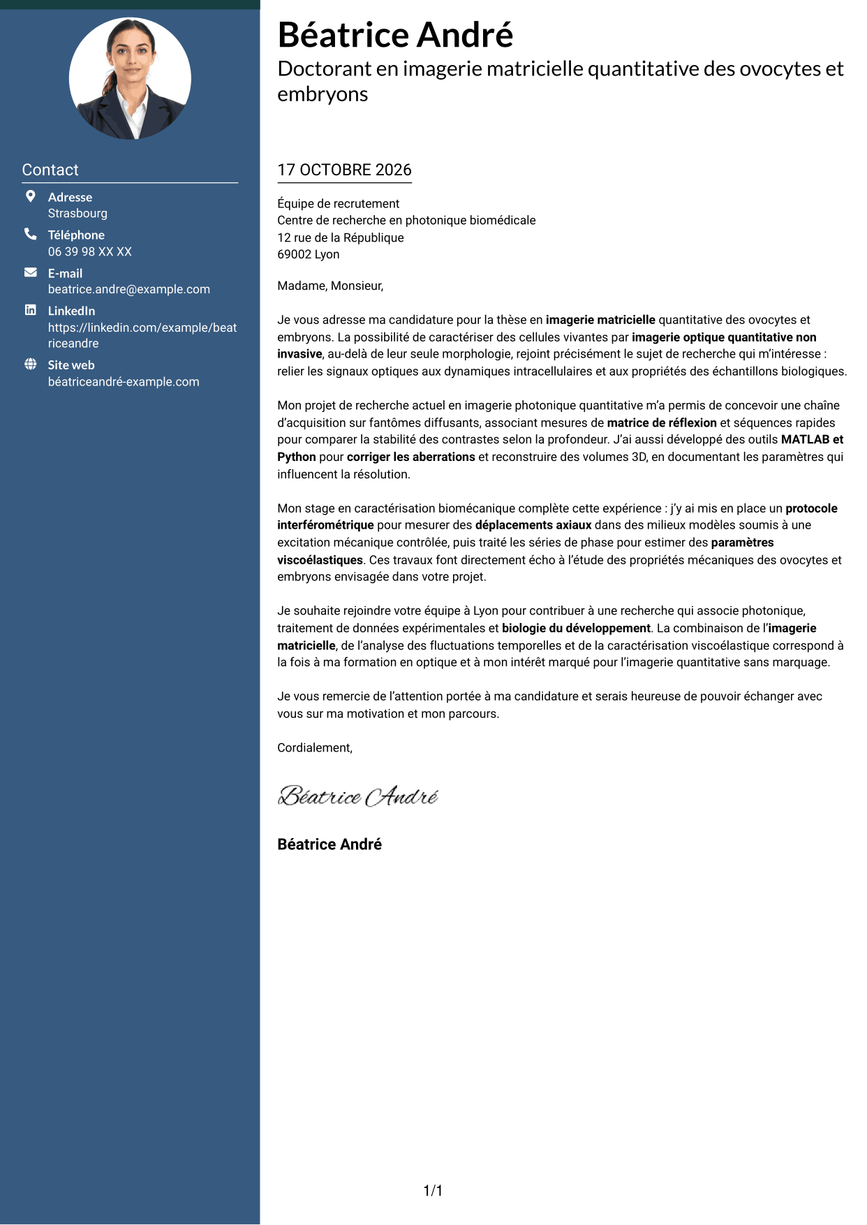 Lettre de motivation Élégant (format à colonne latérale colorée avec photo) : Doctorant en imagerie matricielle quantitative des ovocytes et embryons, page 1