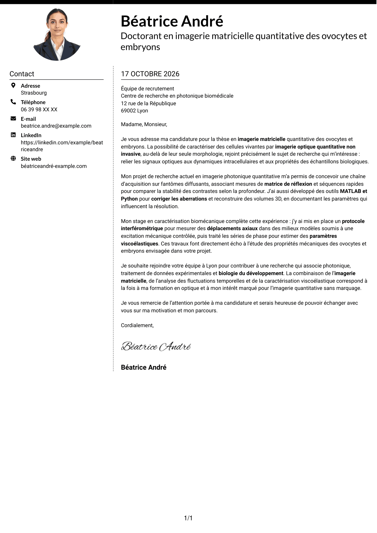 Lettre de motivation Moderne (format à deux colonnes avec photo à gauche et séparateur) : Doctorant en imagerie matricielle quantitative des ovocytes et embryons, page 1