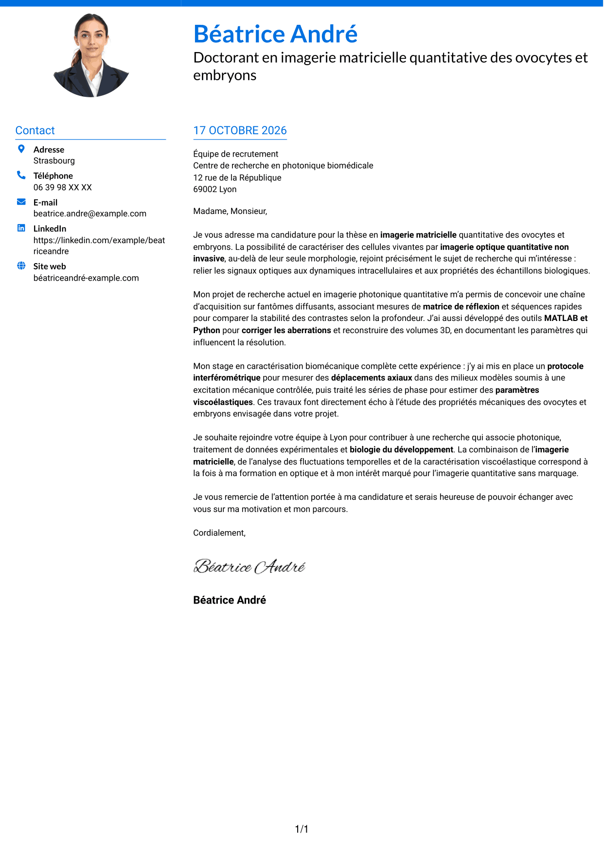 Lettre de motivation Audacieux (format à deux colonnes avec accents colorés et photo) : Doctorant en imagerie matricielle quantitative des ovocytes et embryons, page 1
