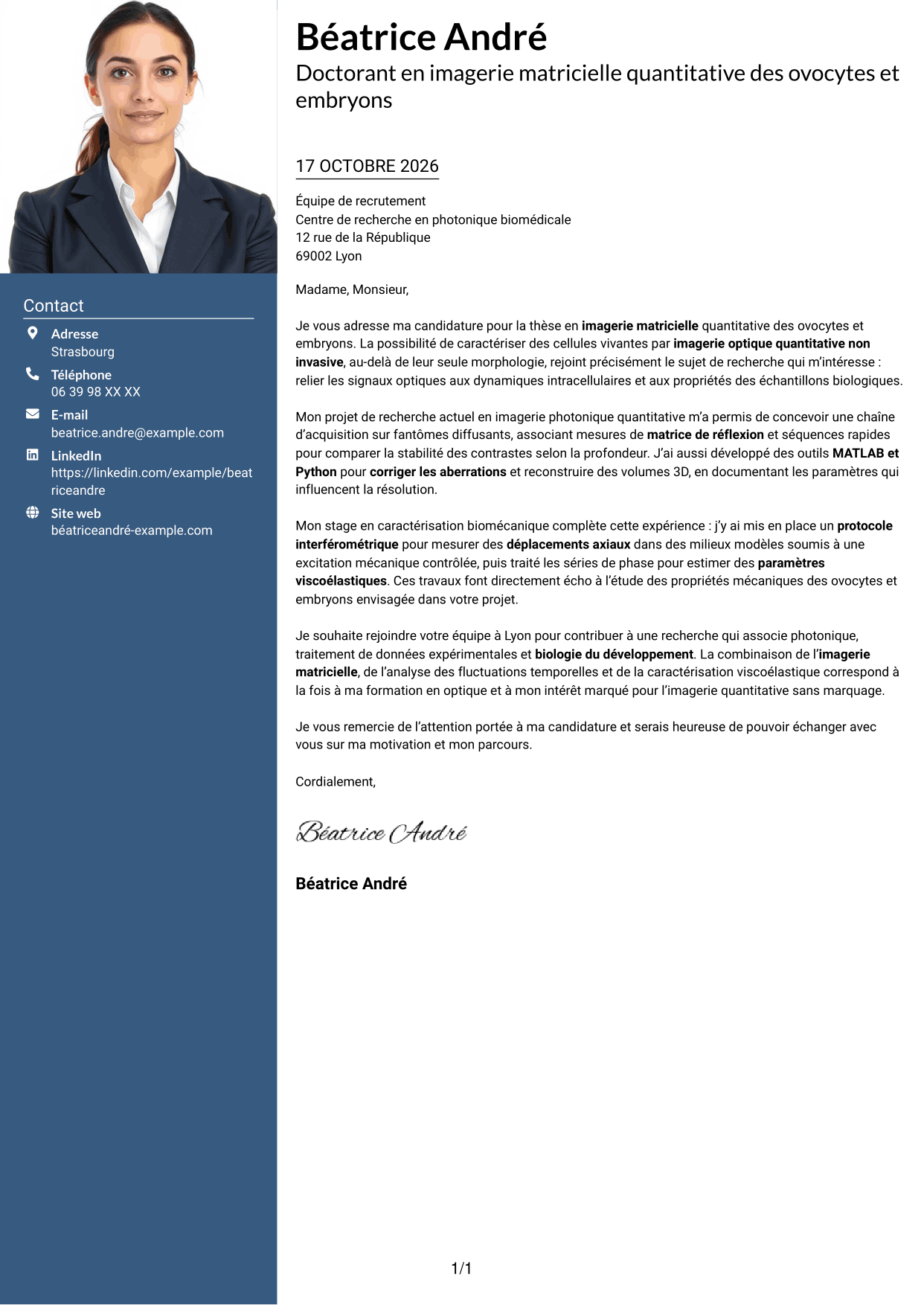 Lettre de motivation Signature (format à colonne latérale colorée avec grande photo) : Doctorant en imagerie matricielle quantitative des ovocytes et embryons, page 1