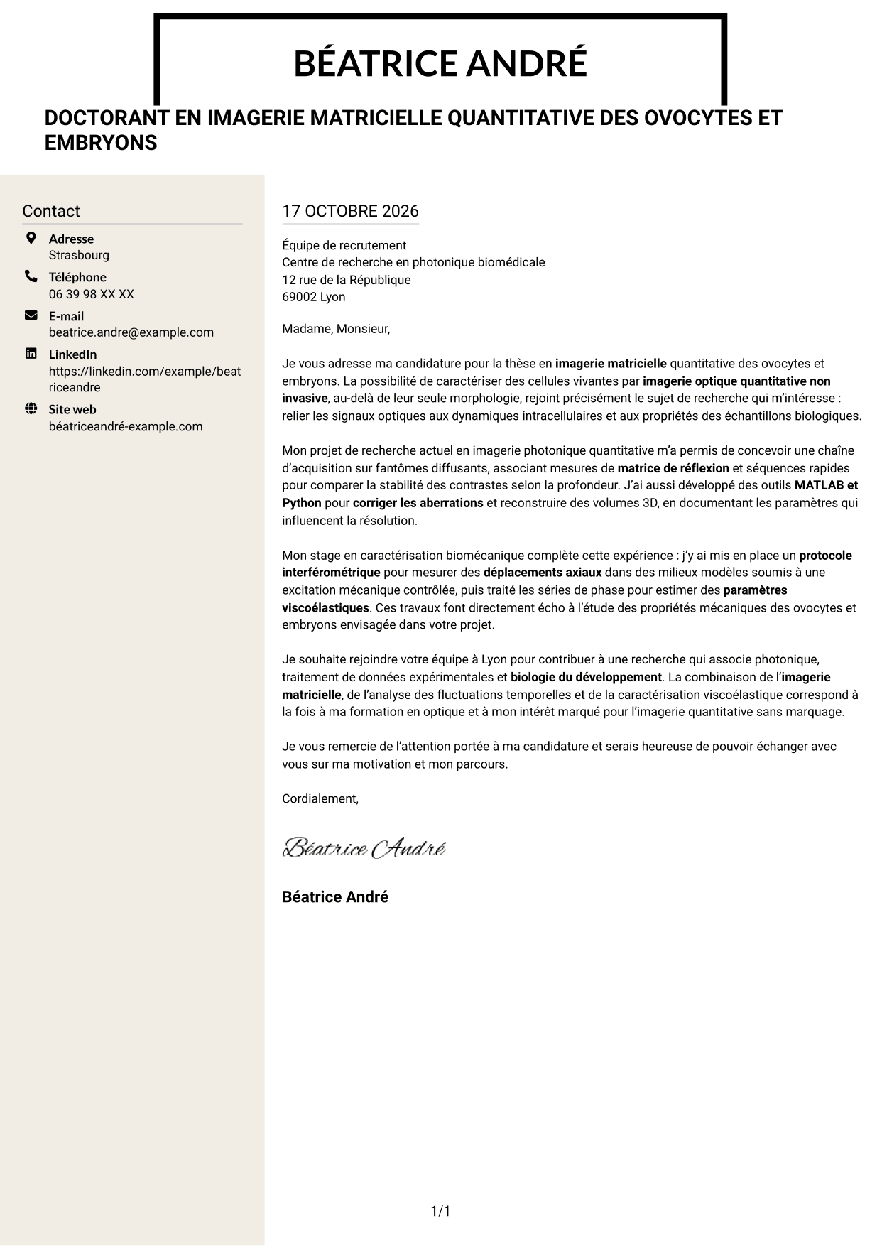 Lettre de motivation Fonceur (format à deux colonnes avec en-tête centré sans photo) : Doctorant en imagerie matricielle quantitative des ovocytes et embryons, page 1