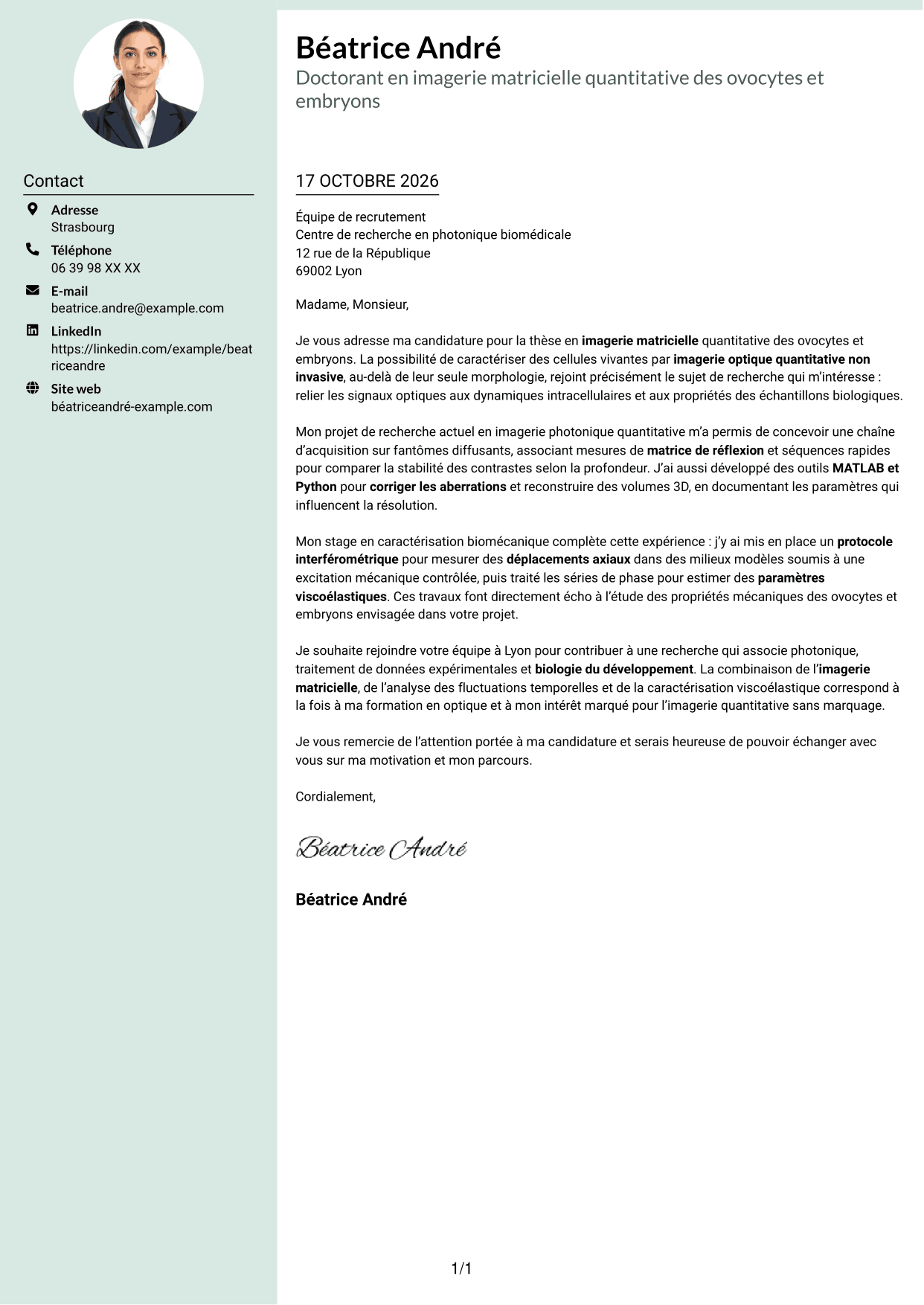 Lettre de motivation Cadre (format à colonne latérale douce avec photo arrondie) : Doctorant en imagerie matricielle quantitative des ovocytes et embryons, page 1