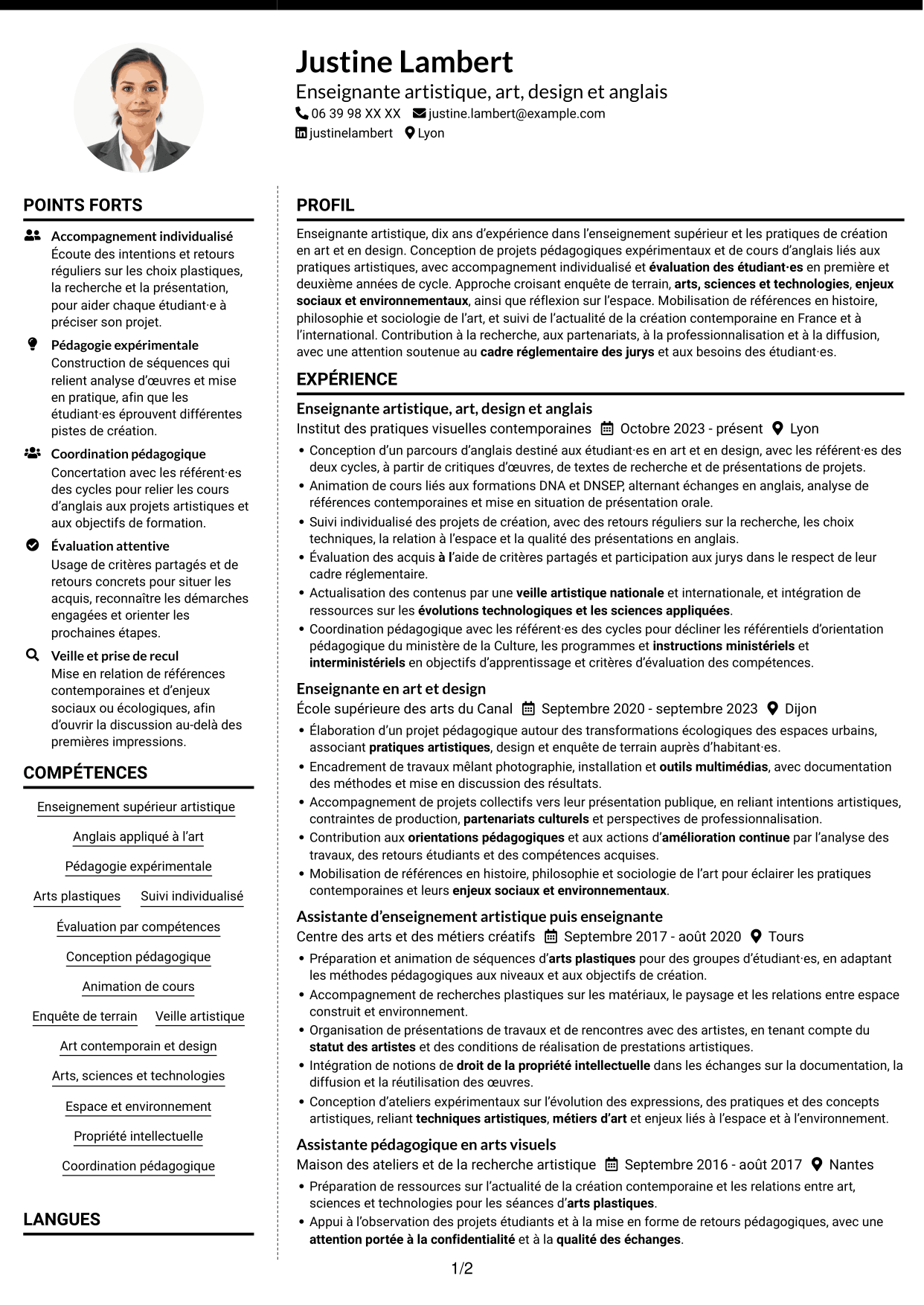 CV Moderne (format à deux colonnes avec photo à gauche et séparateur) : Enseignant artistique - Anglais Art et Design, page 1