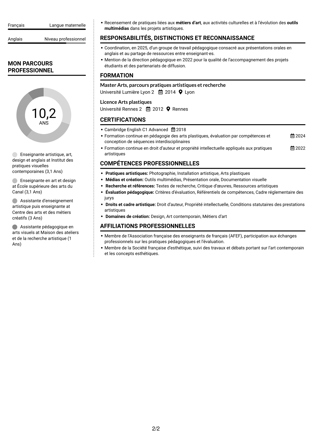 CV Moderne (format à deux colonnes avec photo à gauche et séparateur) : Enseignant artistique - Anglais Art et Design, page 2