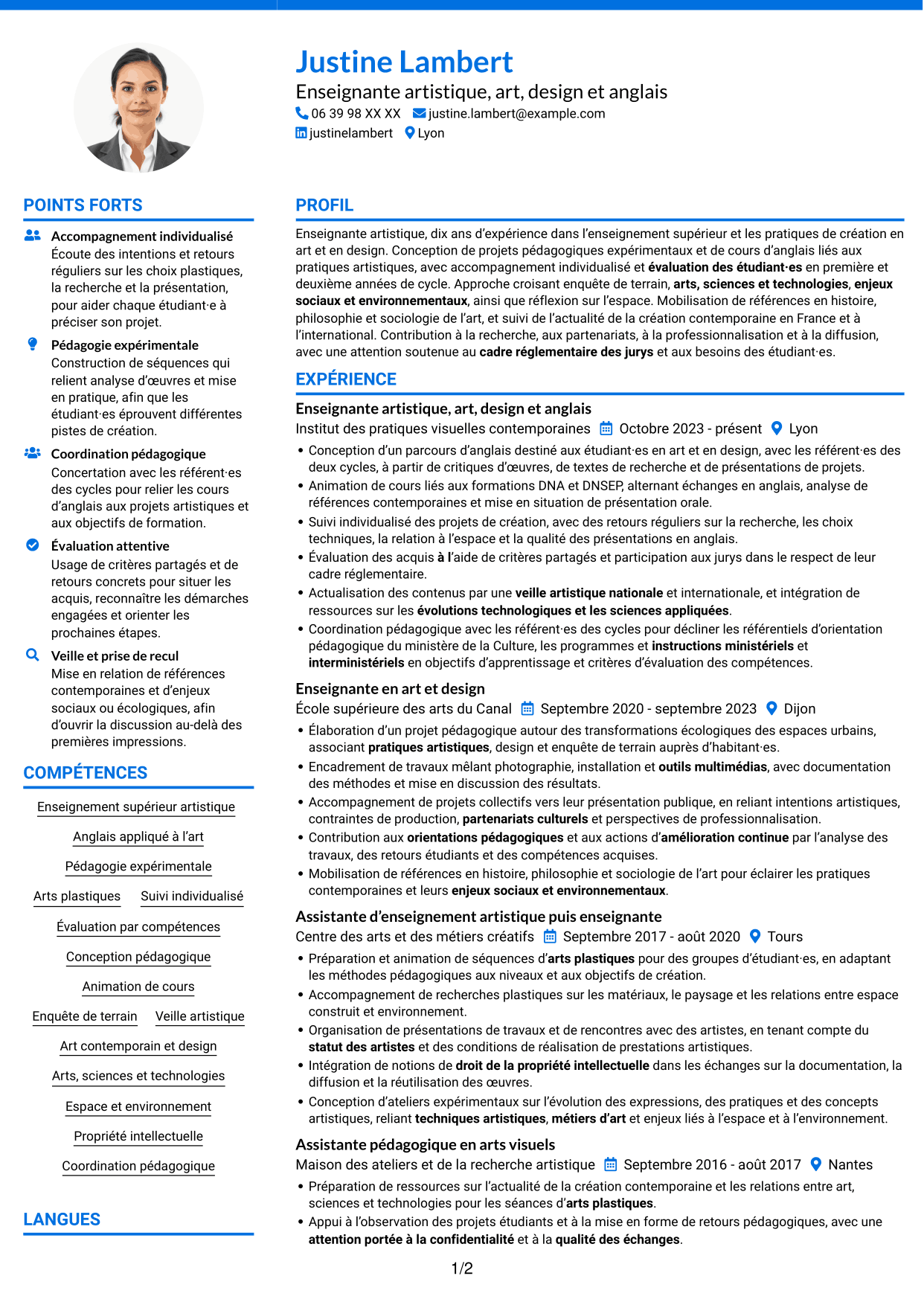 CV Audacieux (format à deux colonnes avec accents colorés et photo) : Enseignant artistique - Anglais Art et Design, page 1