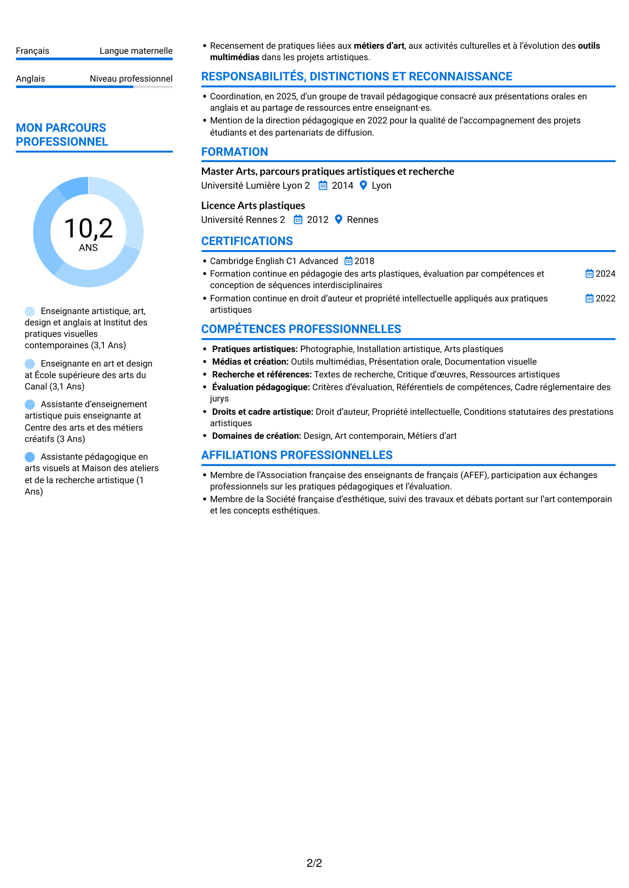 CV Audacieux (format à deux colonnes avec accents colorés et photo) : Enseignant artistique - Anglais Art et Design, page 2