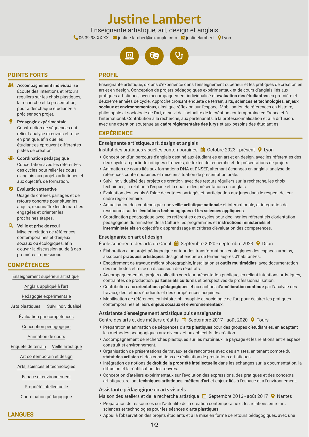 CV Dynamique (format à deux colonnes avec icônes) : Enseignant artistique - Anglais Art et Design, page 1