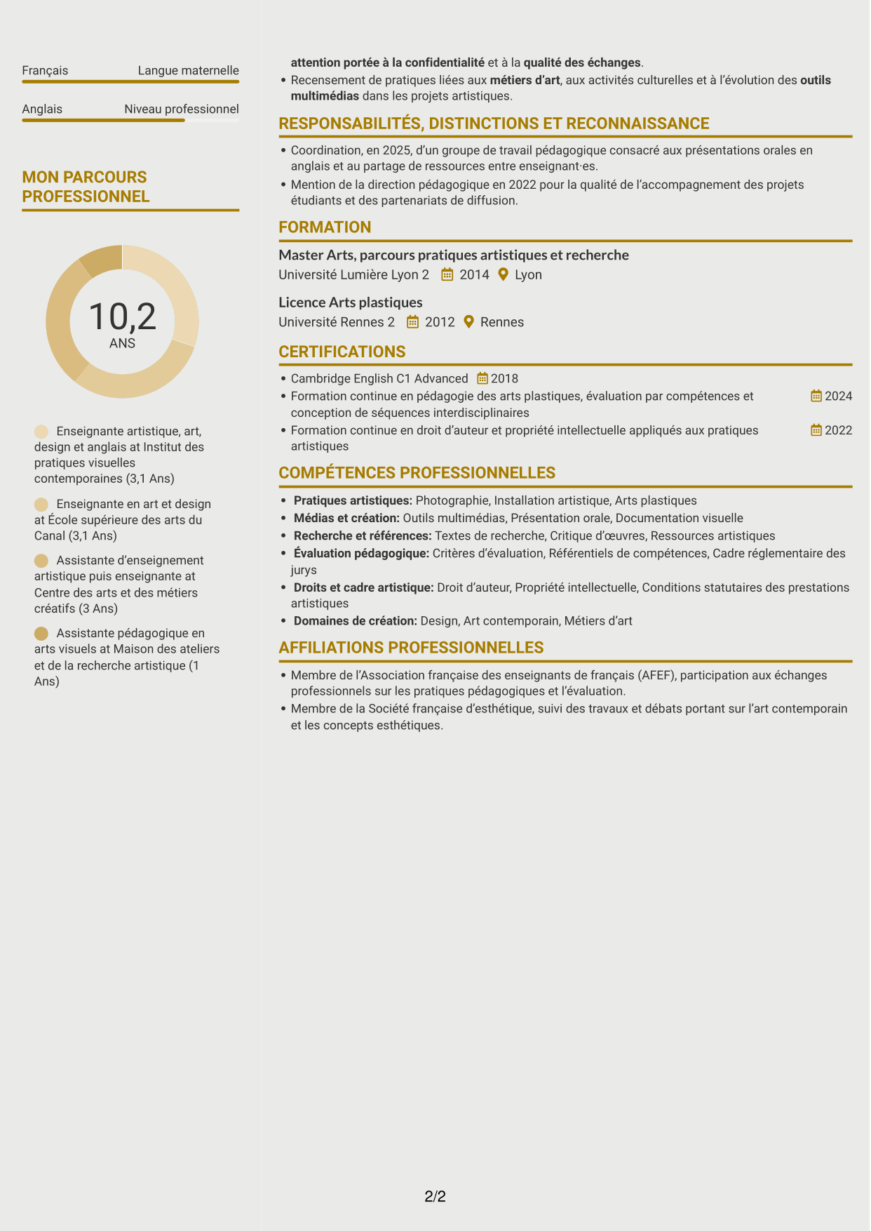 CV Dynamique (format à deux colonnes avec icônes) : Enseignant artistique - Anglais Art et Design, page 2