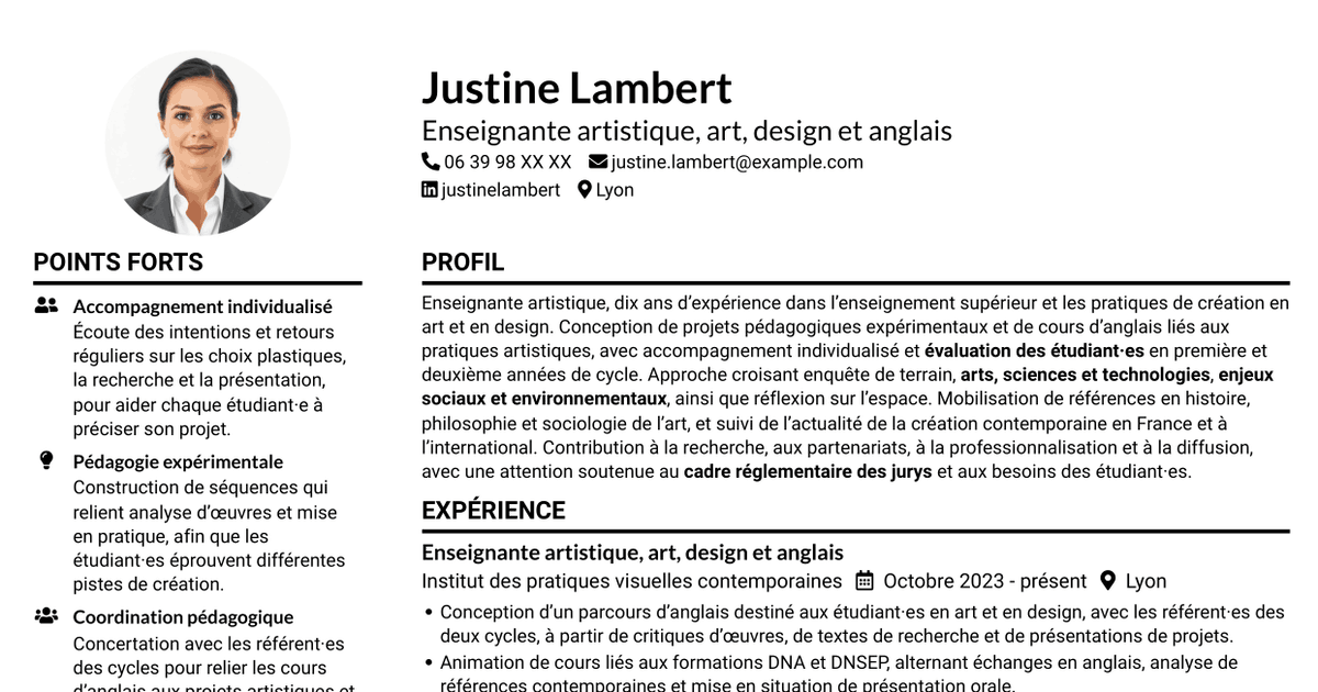 7 modèles de CV pour Enseignant artistique - Anglais Art et Design, avec exemples
