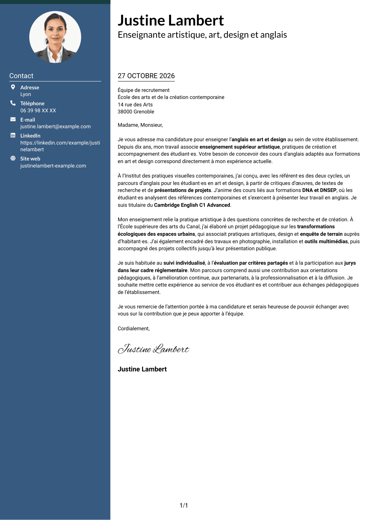 Lettre de motivation Élégant (format à colonne latérale colorée avec photo) : Enseignant artistique - Anglais Art et Design, page 1