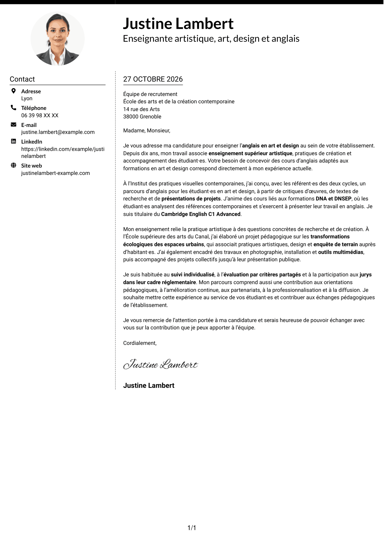 Lettre de motivation Moderne (format à deux colonnes avec photo à gauche et séparateur) : Enseignant artistique - Anglais Art et Design, page 1