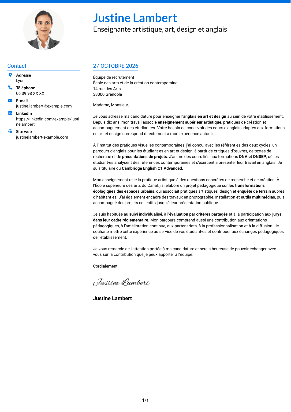 Lettre de motivation Audacieux (format à deux colonnes avec accents colorés et photo) : Enseignant artistique - Anglais Art et Design, page 1
